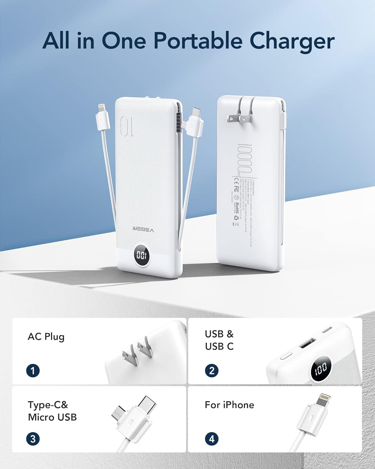 VEGER Portable Charger with Built-in AC Plug and Cables, All in One 10000mAh Ultra Slim Power Bank Travel Essentials, Fast Charging Battery Pack Compatible with iPhone, Samsung, Android (White) - Image 3