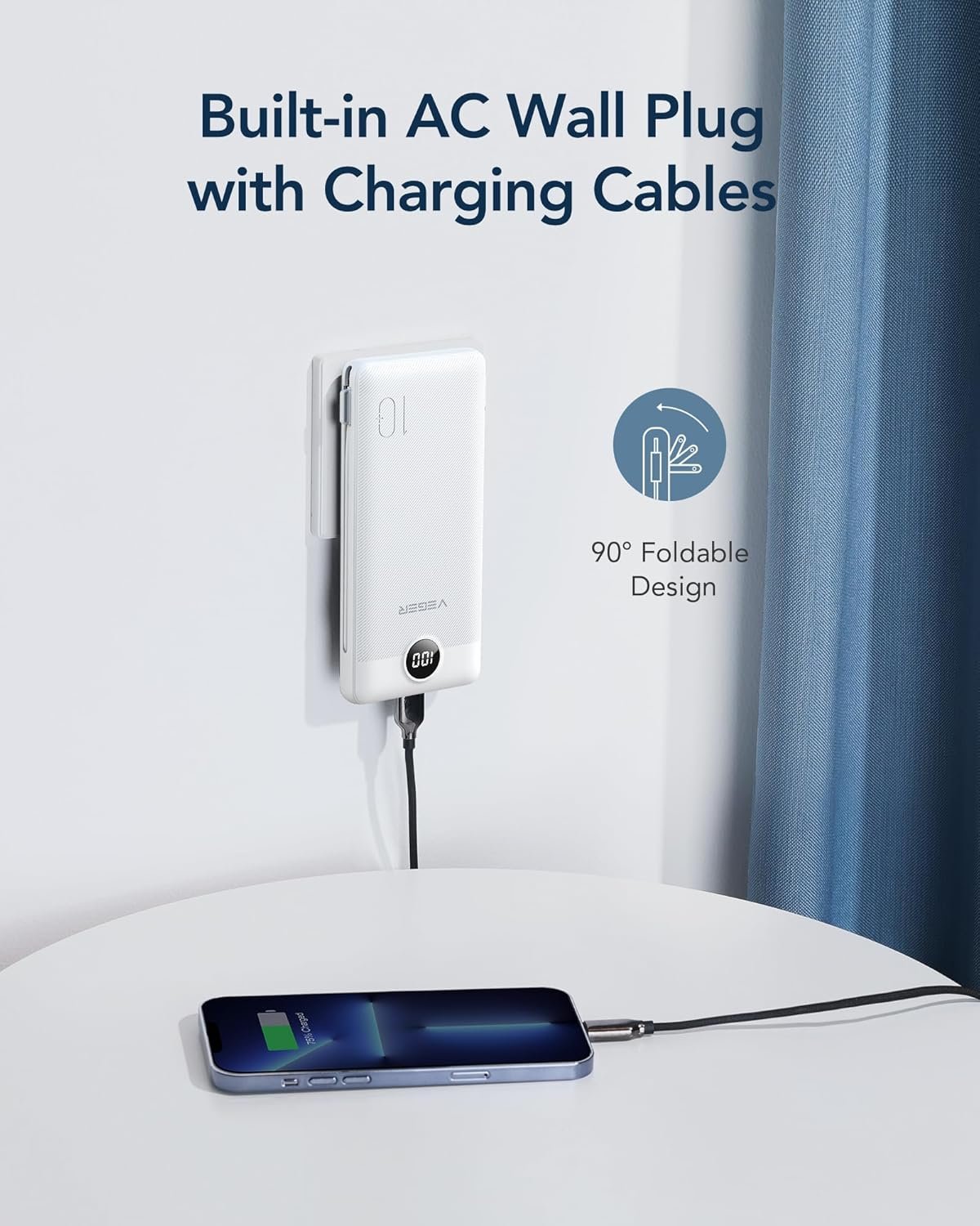 VEGER Portable Charger with Built-in AC Plug and Cables, All in One 10000mAh Ultra Slim Power Bank Travel Essentials, Fast Charging Battery Pack Compatible with iPhone, Samsung, Android (White) - Image 4