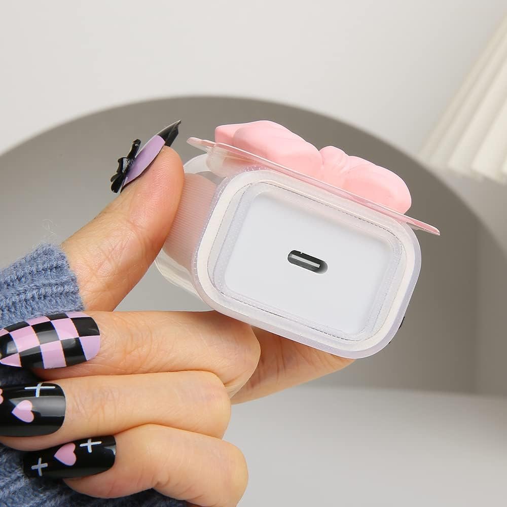 Compatible with iPhone 18W/20W USB-C Charger Cover Cute 3D Bow Tie Design Clear Soft Charger Protector Kawaii Cable Saver for iPhone 11 12 13 14 Pro Max Fast Power Adapter, Pink 2 (5in1) - Image 7