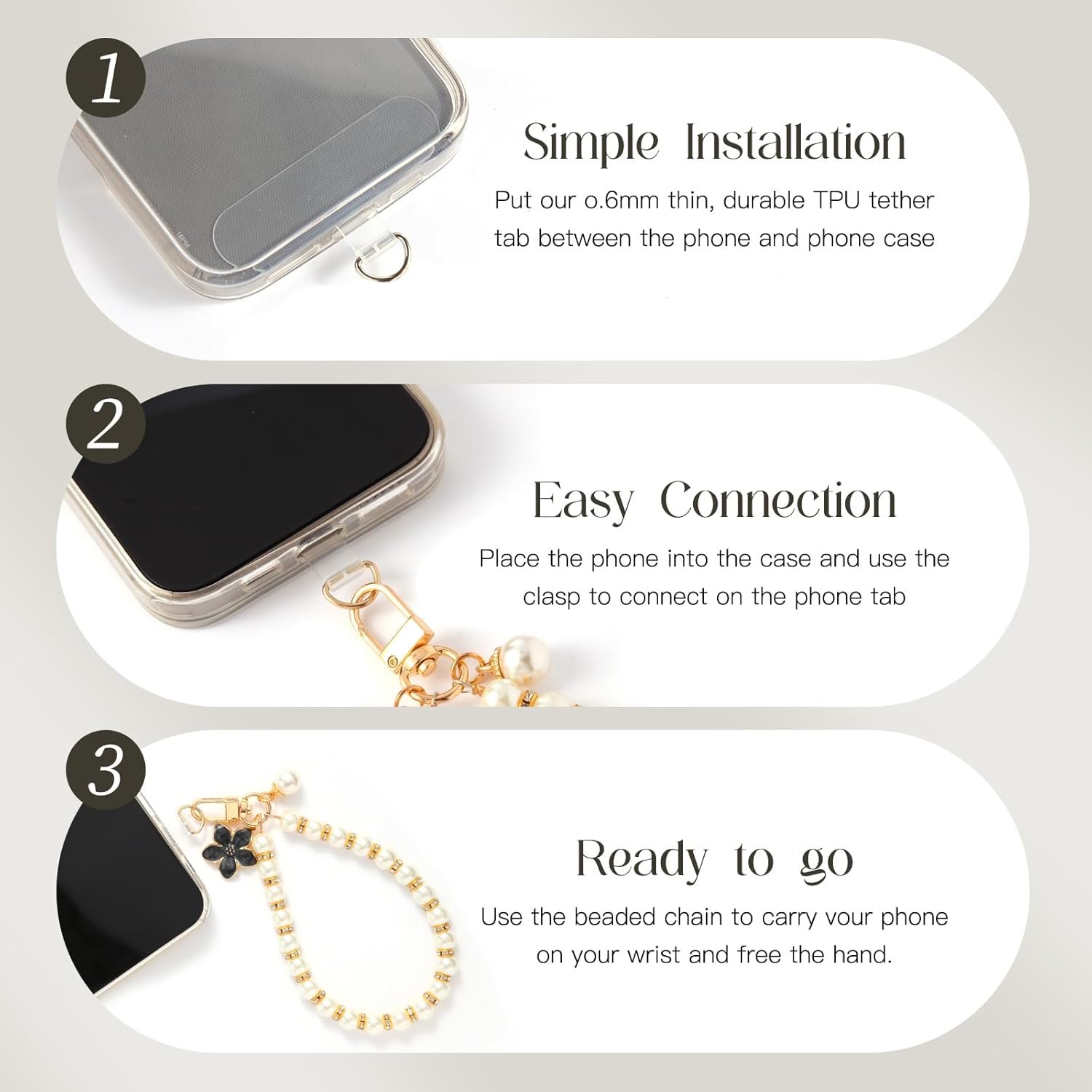 Fancy Beaded Cell Phone Wrist Strap, Hands-Free Cute Wristlet Chain Bracelet, Detachable Lanyard for iPhone, Samsung and Most Smartphones - Anti-Lost Versatile Charm for Bag | White Flower&Pearls - Image 4