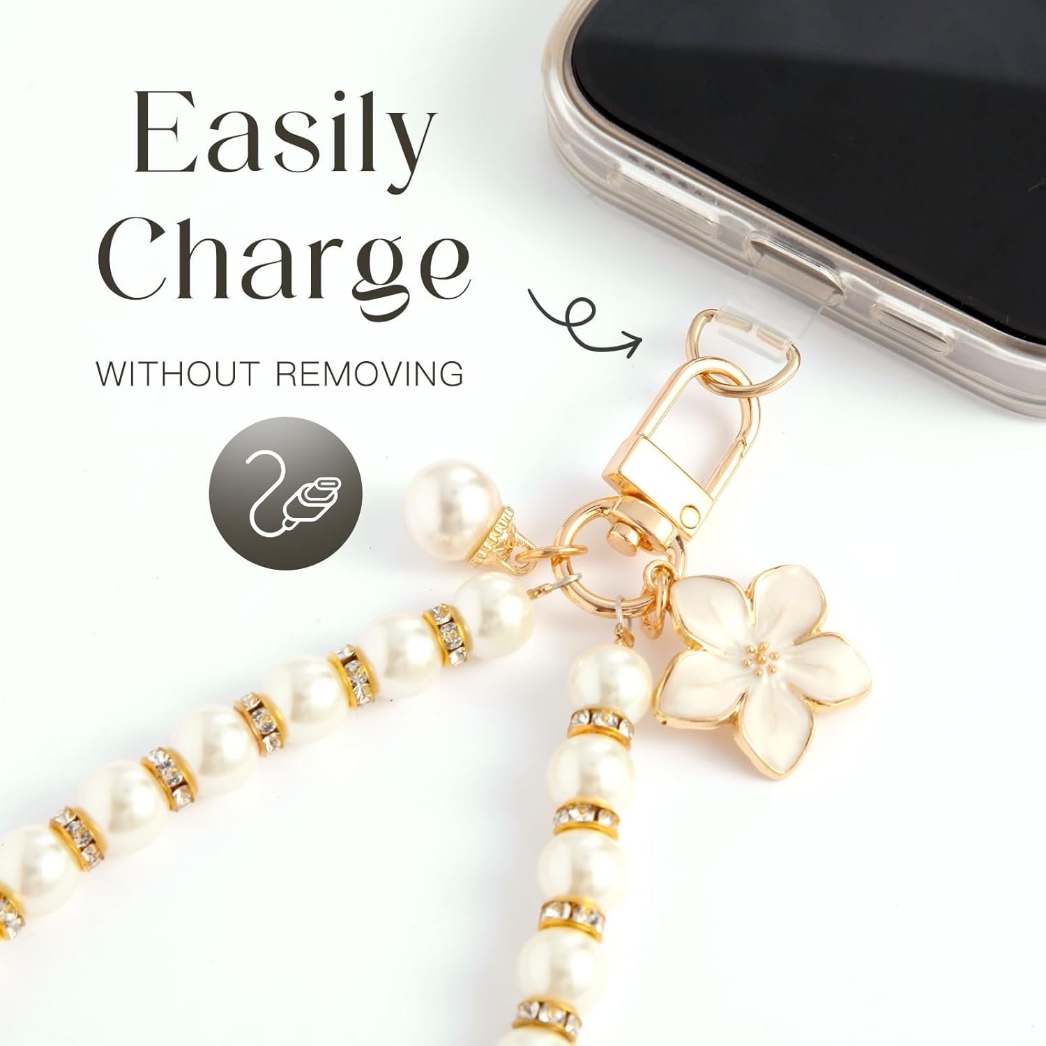 Fancy Beaded Cell Phone Wrist Strap, Hands-Free Cute Wristlet Chain Bracelet, Detachable Lanyard for iPhone, Samsung and Most Smartphones - Anti-Lost Versatile Charm for Bag | White Flower&Pearls - Image 5
