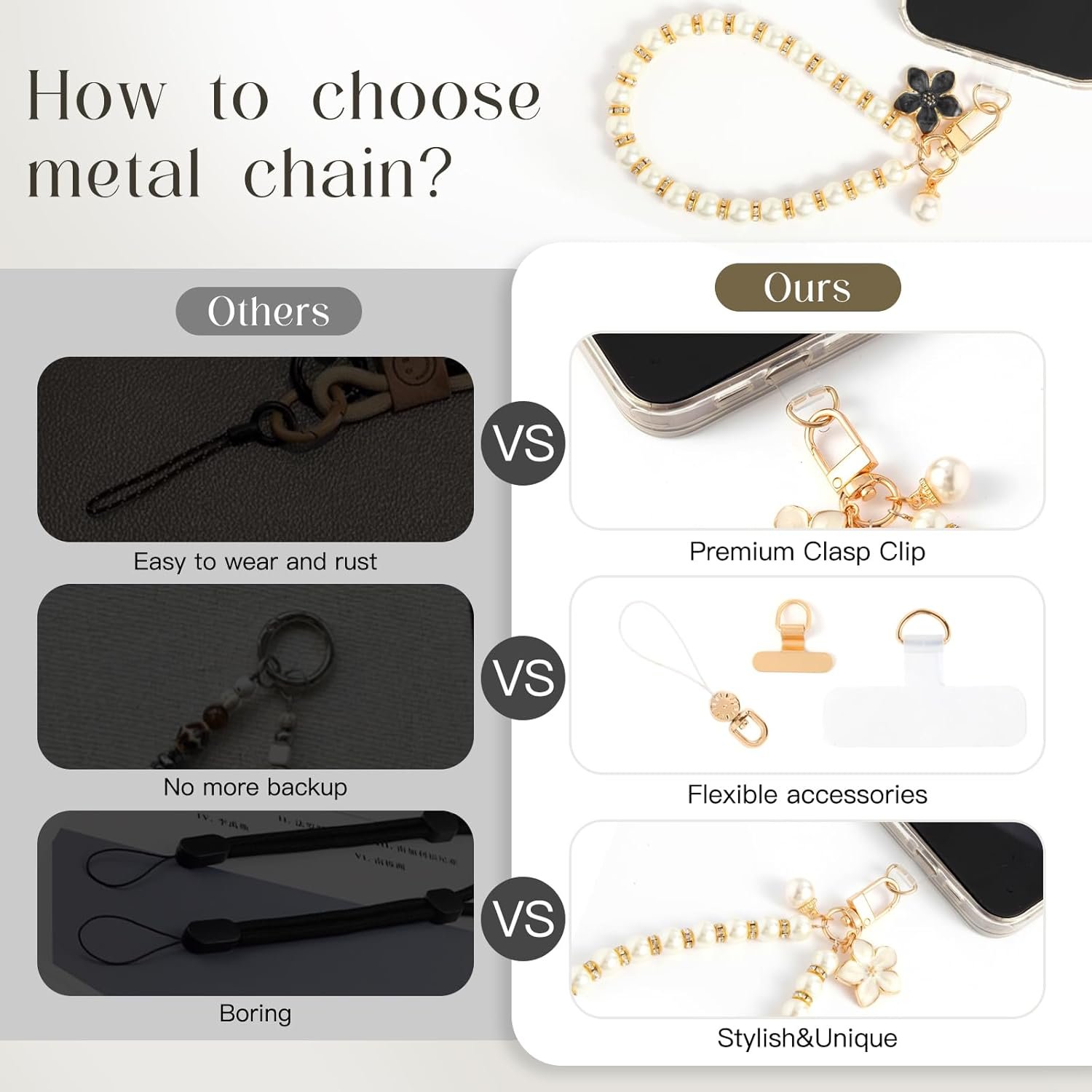 Fancy Beaded Cell Phone Wrist Strap, Hands-Free Cute Wristlet Chain Bracelet, Detachable Lanyard for iPhone, Samsung and Most Smartphones - Anti-Lost Versatile Charm for Bag | White Flower&Pearls - Image 6