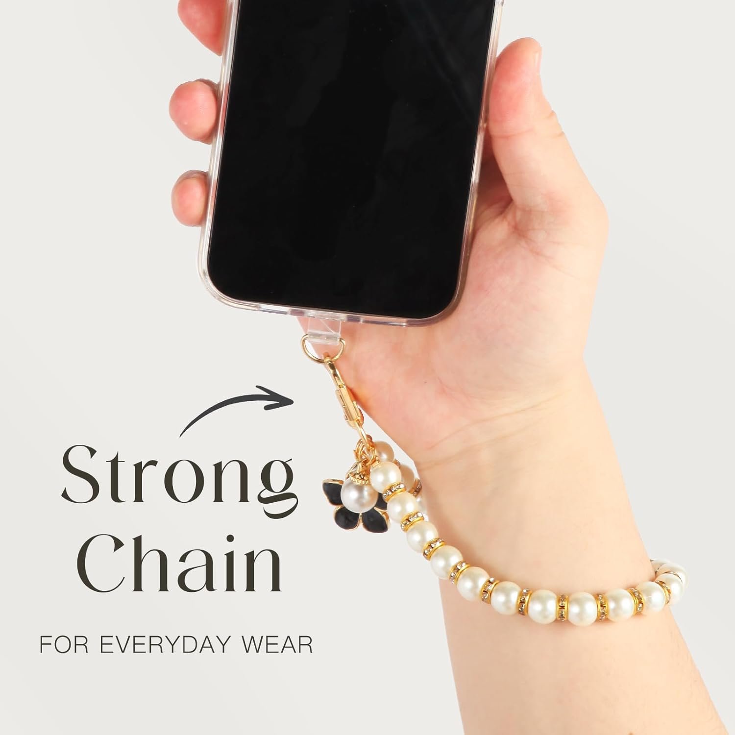 Fancy Beaded Cell Phone Wrist Strap, Hands-Free Cute Wristlet Chain Bracelet, Detachable Lanyard for iPhone, Samsung and Most Smartphones - Anti-Lost Versatile Charm for Bag | White Flower&Pearls - Image 7