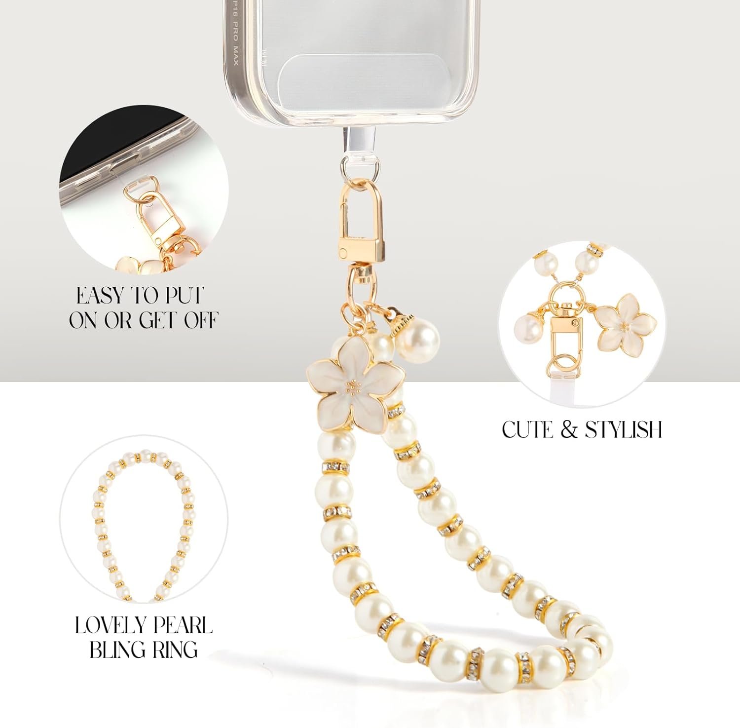 Fancy Beaded Cell Phone Wrist Strap, Hands-Free Cute Wristlet Chain Bracelet, Detachable Lanyard for iPhone, Samsung and Most Smartphones - Anti-Lost Versatile Charm for Bag | White Flower&Pearls - Image 8