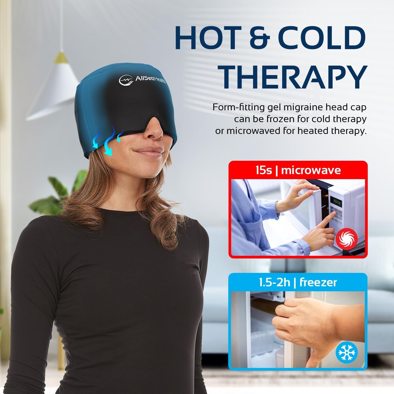 Migraine Relief Cap Ice Head Wrap and Hat | Hot/Cold Gel Pack with Face and Eye Mask Compress for Headache Relief - Black - Image 5