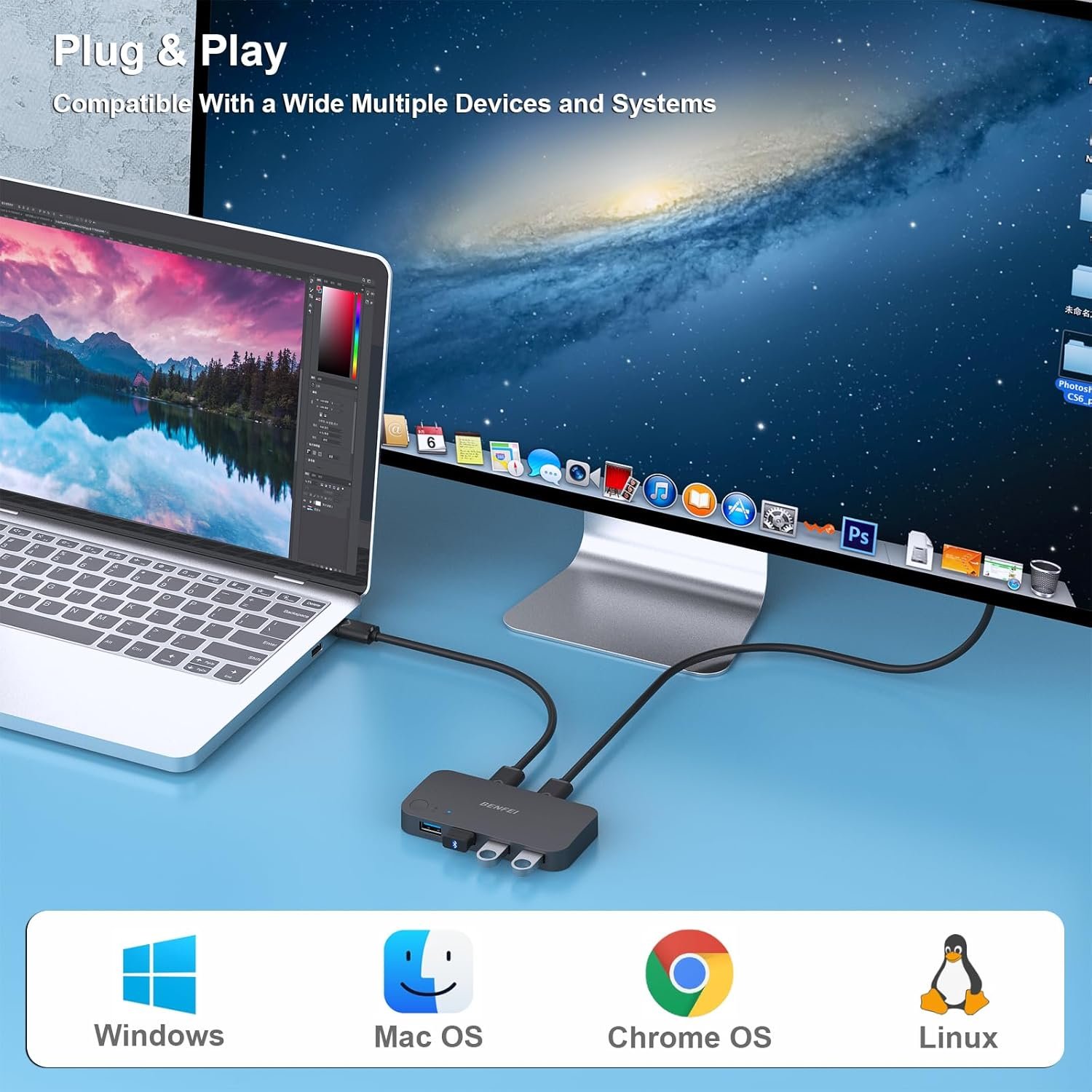 BENFEI USB 3.0 Switch, USB Switch 2 Computers Share 4 USB for PC, Mouse, Keyboard, Printer, Scanner, USB KVM Switch Selector Compatible with Windows, Mac, Linux - Image 6