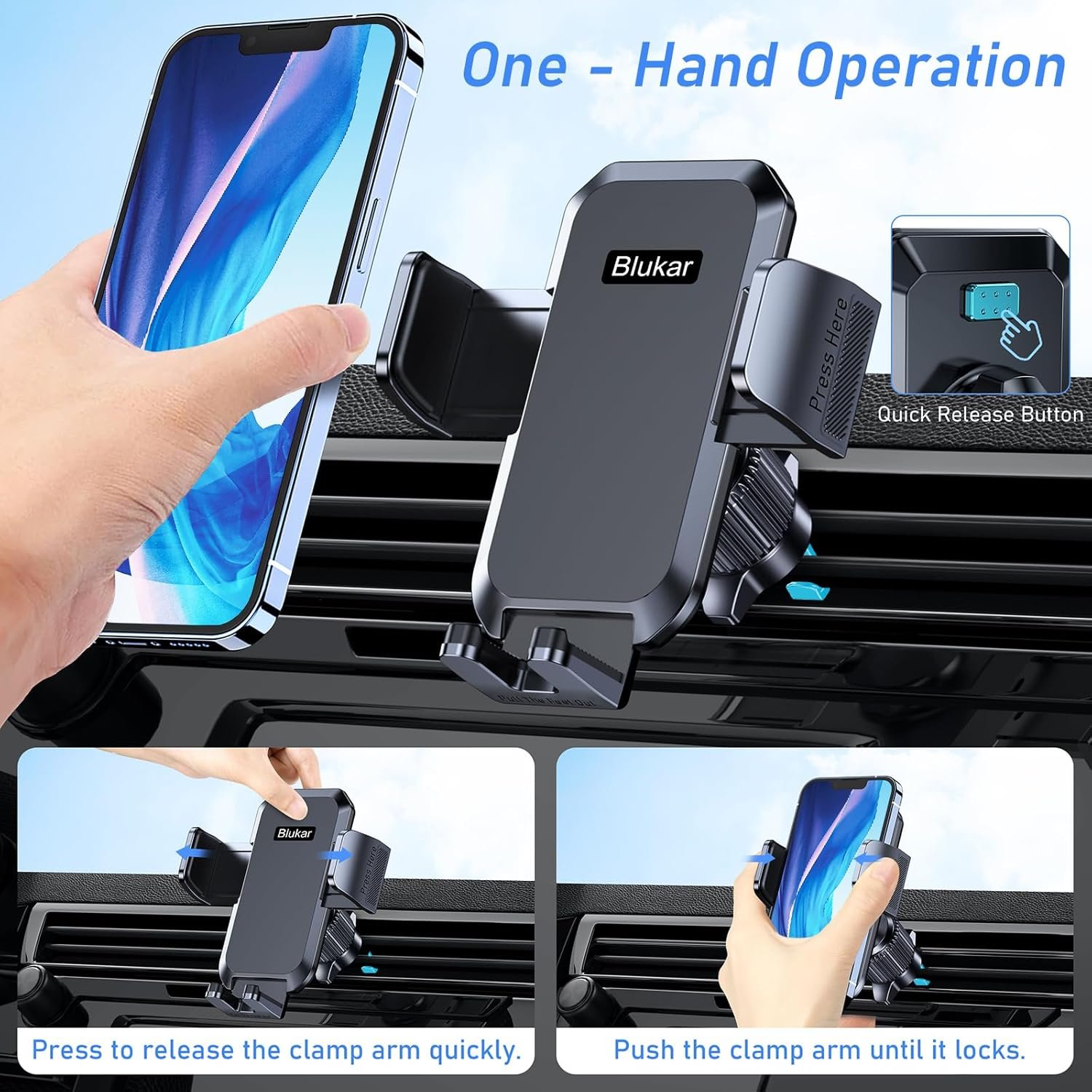 Blukar Car Phone Holder Mount, Super Stable Air Vent Cell Phone Car Mount with 2025 Metal Hook Clip, 360° Rotation,One Button Release for iPhone, Galaxy, Google, and All Other Smartphones - Image 3