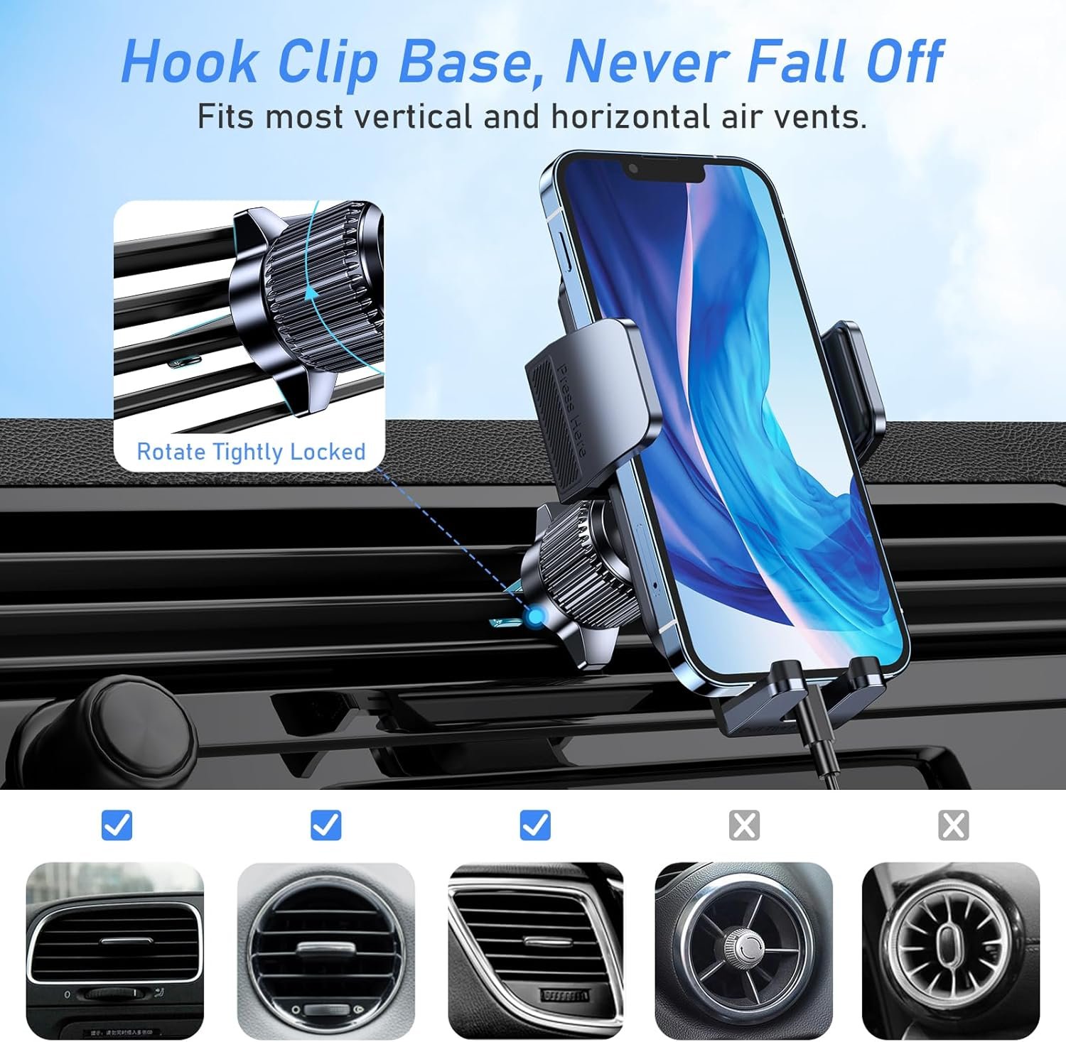 Blukar Car Phone Holder Mount, Super Stable Air Vent Cell Phone Car Mount with 2025 Metal Hook Clip, 360° Rotation,One Button Release for iPhone, Galaxy, Google, and All Other Smartphones - Image 7