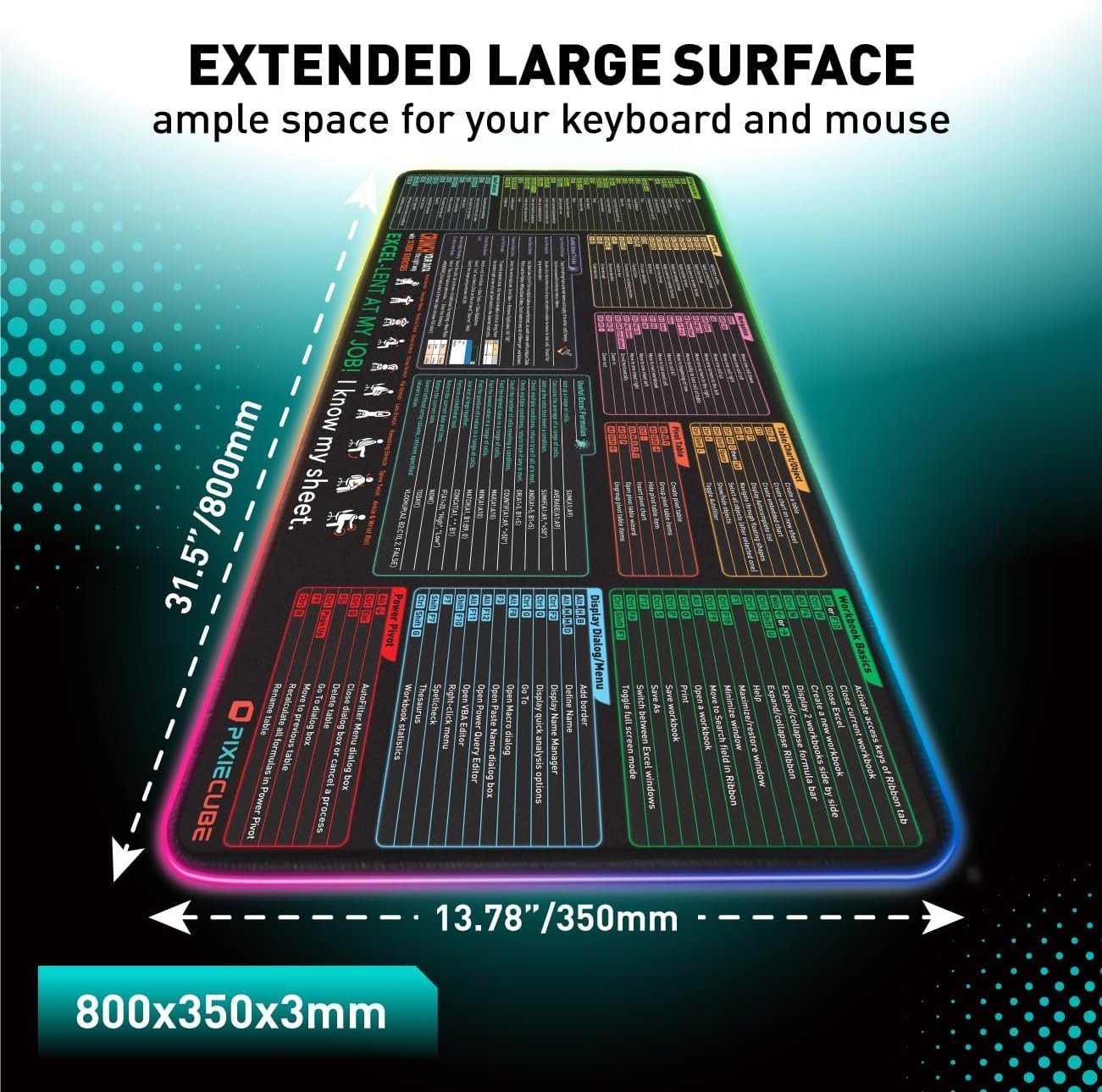 Excel Shortcut Keys LED Mouse Pad - Colorful RGB Luminous Extended Large Cheat Sheet Gaming Mousepad| PC Office Spreadsheet Keyboard Mat| Non-Slip Stitched Edge - Image 3