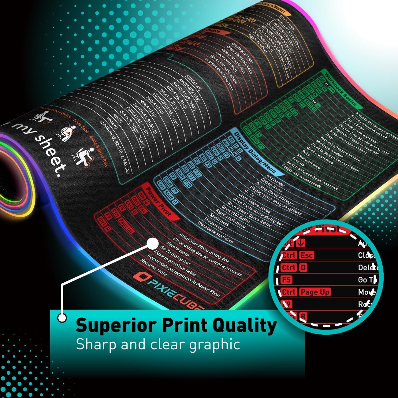 Excel Shortcut Keys LED Mouse Pad - Colorful RGB Luminous Extended Large Cheat Sheet Gaming Mousepad| PC Office Spreadsheet Keyboard Mat| Non-Slip Stitched Edge - Image 5