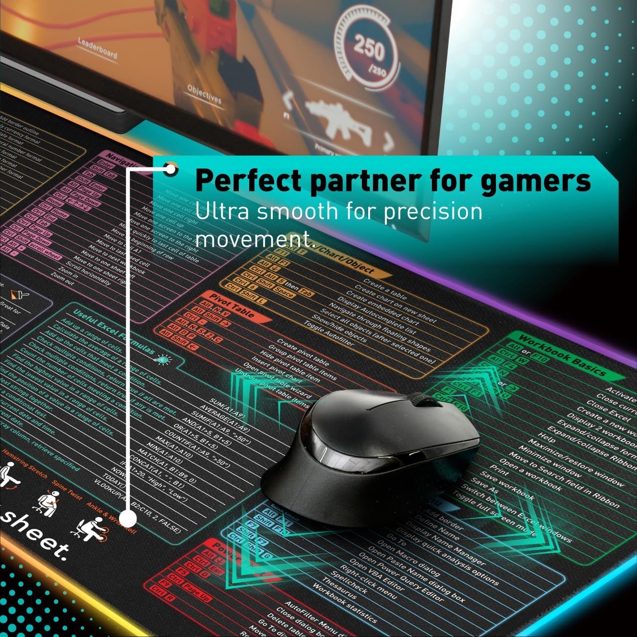 Excel Shortcut Keys LED Mouse Pad - Colorful RGB Luminous Extended Large Cheat Sheet Gaming Mousepad| PC Office Spreadsheet Keyboard Mat| Non-Slip Stitched Edge - Image 6