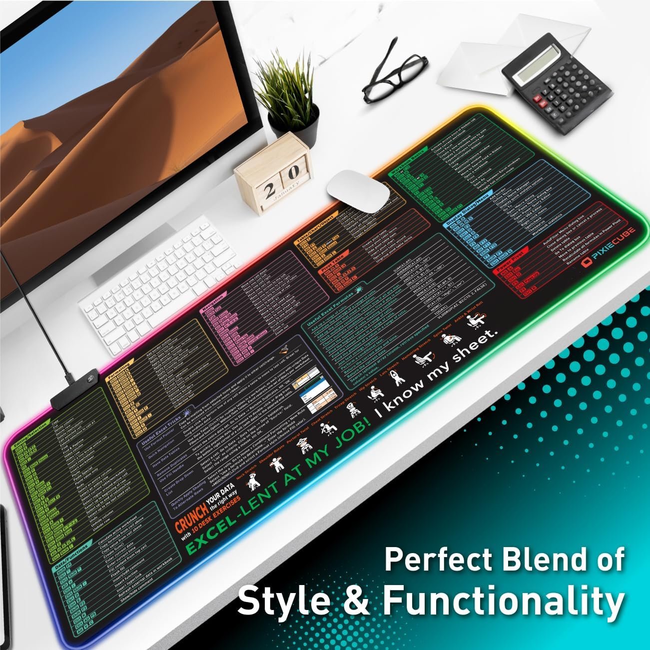 Excel Shortcut Keys LED Mouse Pad - Colorful RGB Luminous Extended Large Cheat Sheet Gaming Mousepad| PC Office Spreadsheet Keyboard Mat| Non-Slip Stitched Edge - Image 7