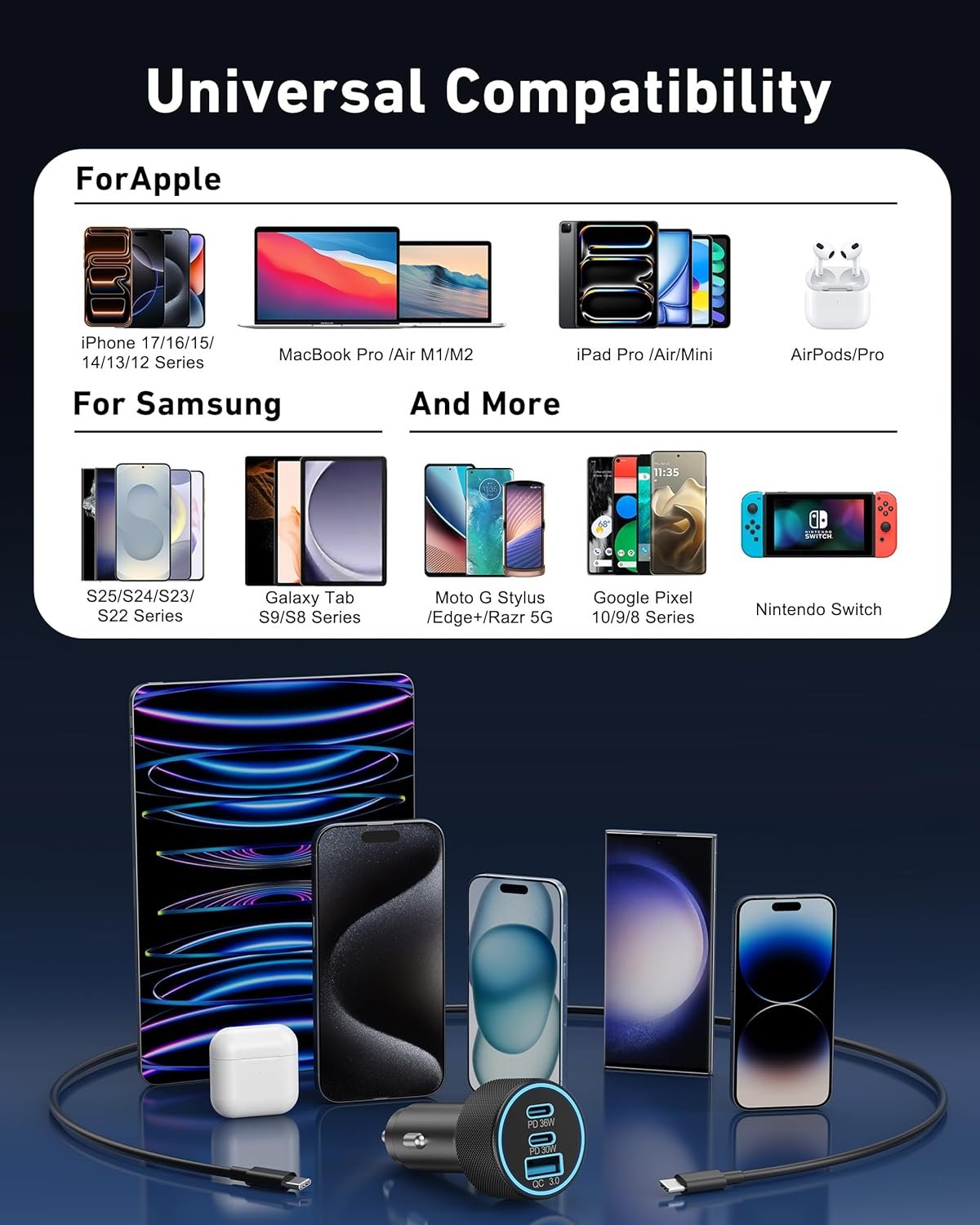 67W 3-Port Super Fast Type C Car Charger USB C for Samsung Galaxy S26 S25 S24 S23 S22 Ultra, iPhone 17/Air/16/15 Pro Max, Android, PD/QC Car Phone Adapter Accessories for Men Women + 3FT USB-C Cable - Image 7