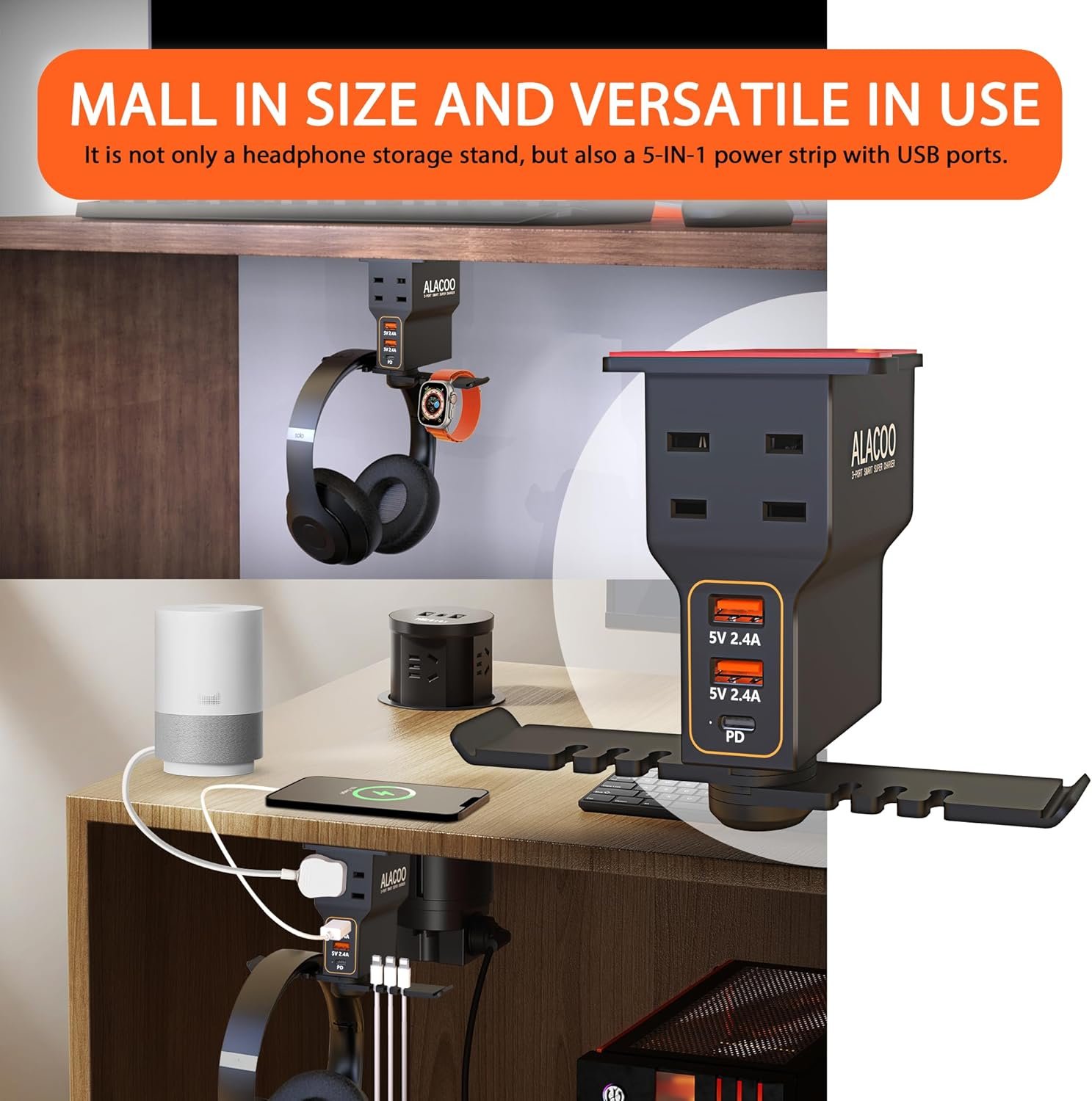 Gaming Headphone Stand with Charging Station - Aluminum Hooks Headphone Holder, Under Desk Headset Stand, 3 USB & AC Outlet, Surge Protector & Cable Organizer, Gift for Girl/Men - Image 3