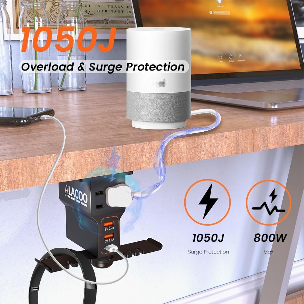 Gaming Headphone Stand with Charging Station - Aluminum Hooks Headphone Holder, Under Desk Headset Stand, 3 USB & AC Outlet, Surge Protector & Cable Organizer, Gift for Girl/Men - Image 4