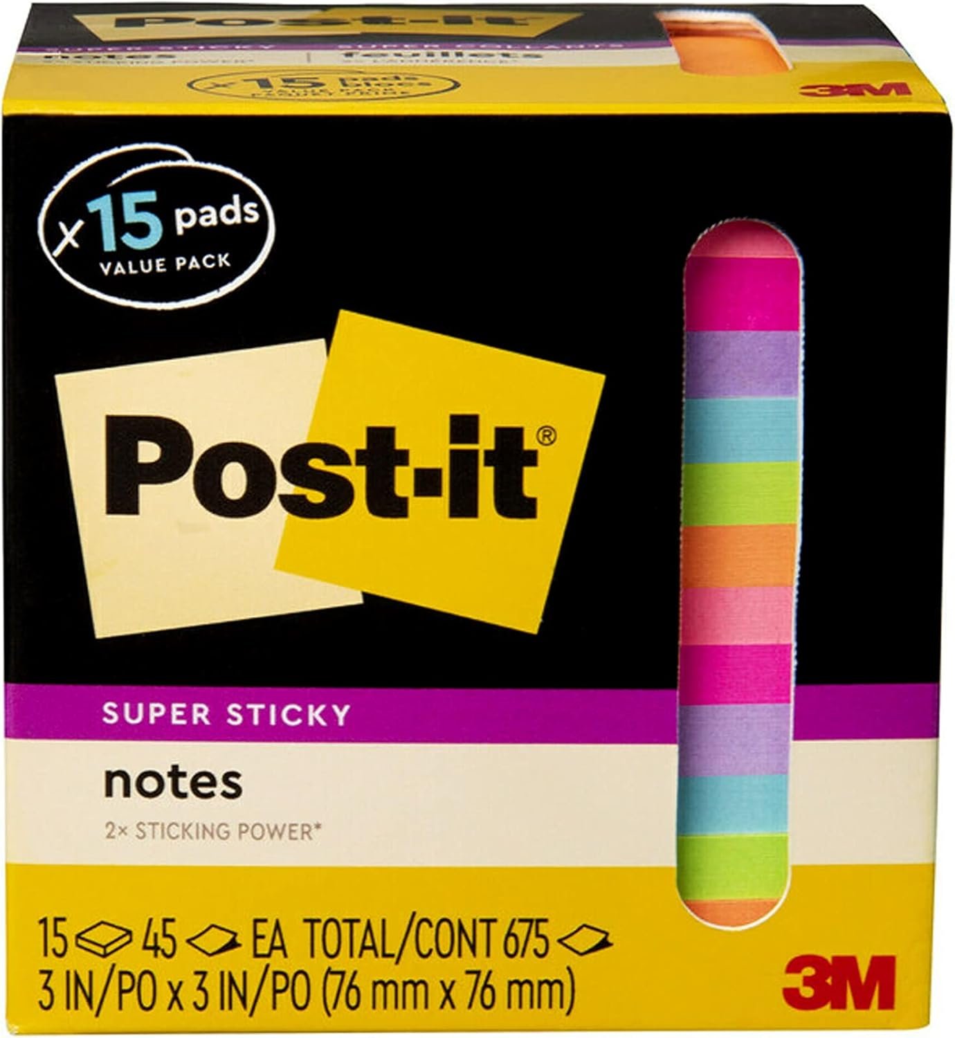 Post-it Super Sticky Notes, Assorted Bright Colors, 3x3 in, 15 Pads/Pack, 45 Sheets/Pad, 2X The Sticking Power, Recyclable, Multi-Color - Image 8
