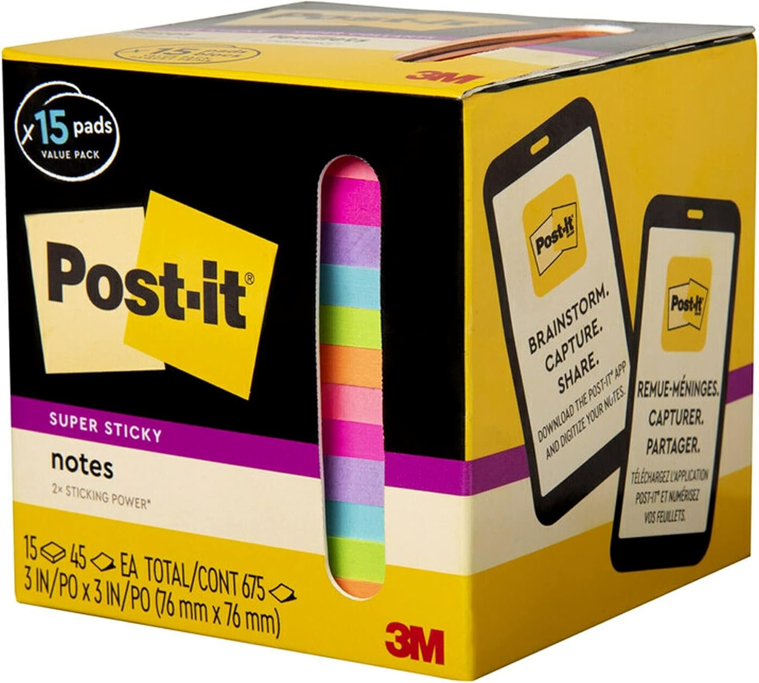 Post-it Super Sticky Notes, Assorted Bright Colors, 3x3 in, 15 Pads/Pack, 45 Sheets/Pad, 2X The Sticking Power, Recyclable, Multi-Color - Image 9