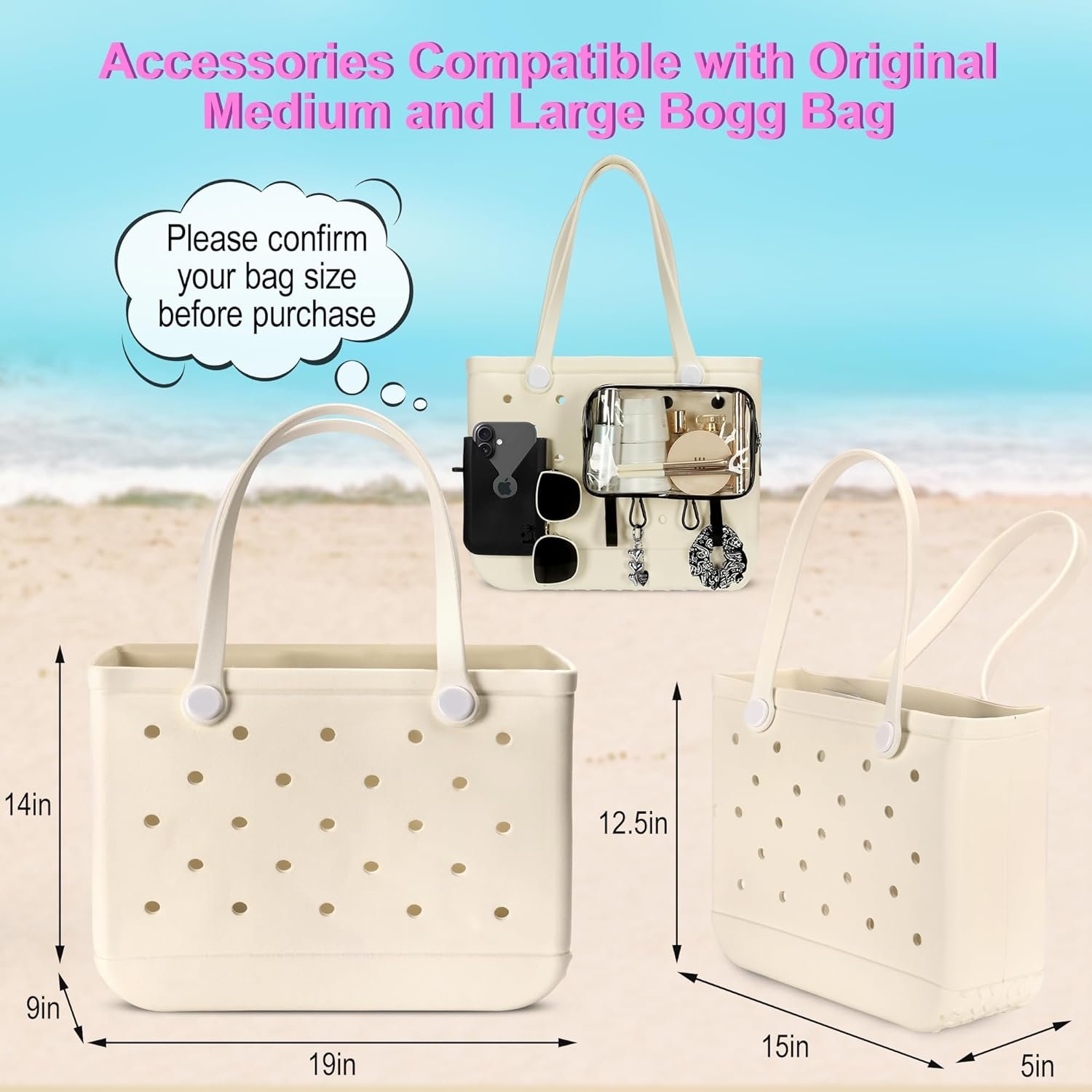 6PCS Compatible with Original Medium and Large Bogg Bag,Phone Holder for Inside and Outside of Bogg Bag Accessories,PVC Insert Bags,Hooks,and Keychain(Black) - Image 3