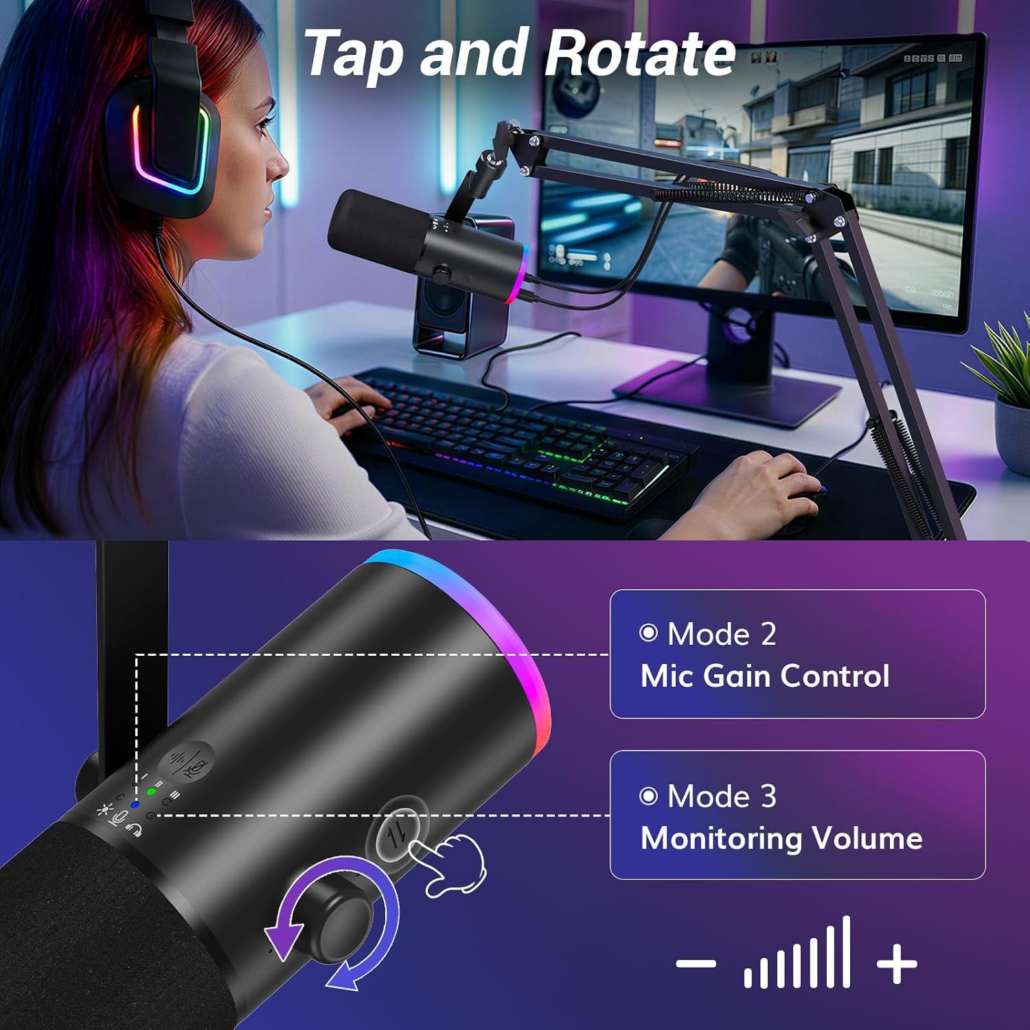 TONOR Dynamic Gaming Microphone, XLR/USB Mic Streaming, AI Noise Cancellation, Controlable RGB, Tap Mute, 3.5mm Headphone Jack, Volume Control, Microfono with Boom Arm, Black, TD510 AIR S H+ - Image 6