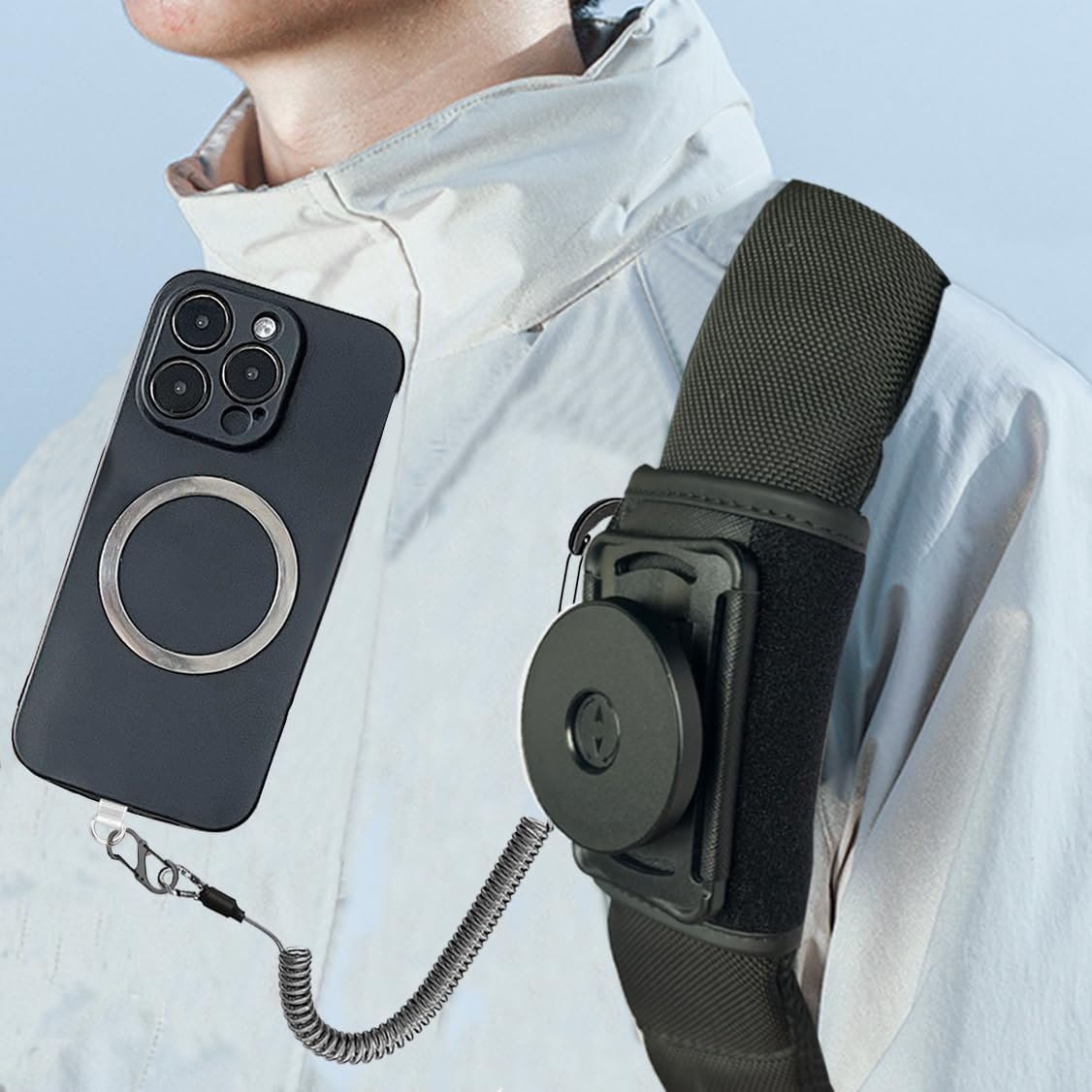 Magnetic Cellphone Holder For Backpack Strap - Phone Shoulder Strap Clamp Mount with Phone Protected Lanyard Fit Hiking/Alpinism/Climbing/Fishing,Universal Compatible Most Smartphone - Image 6