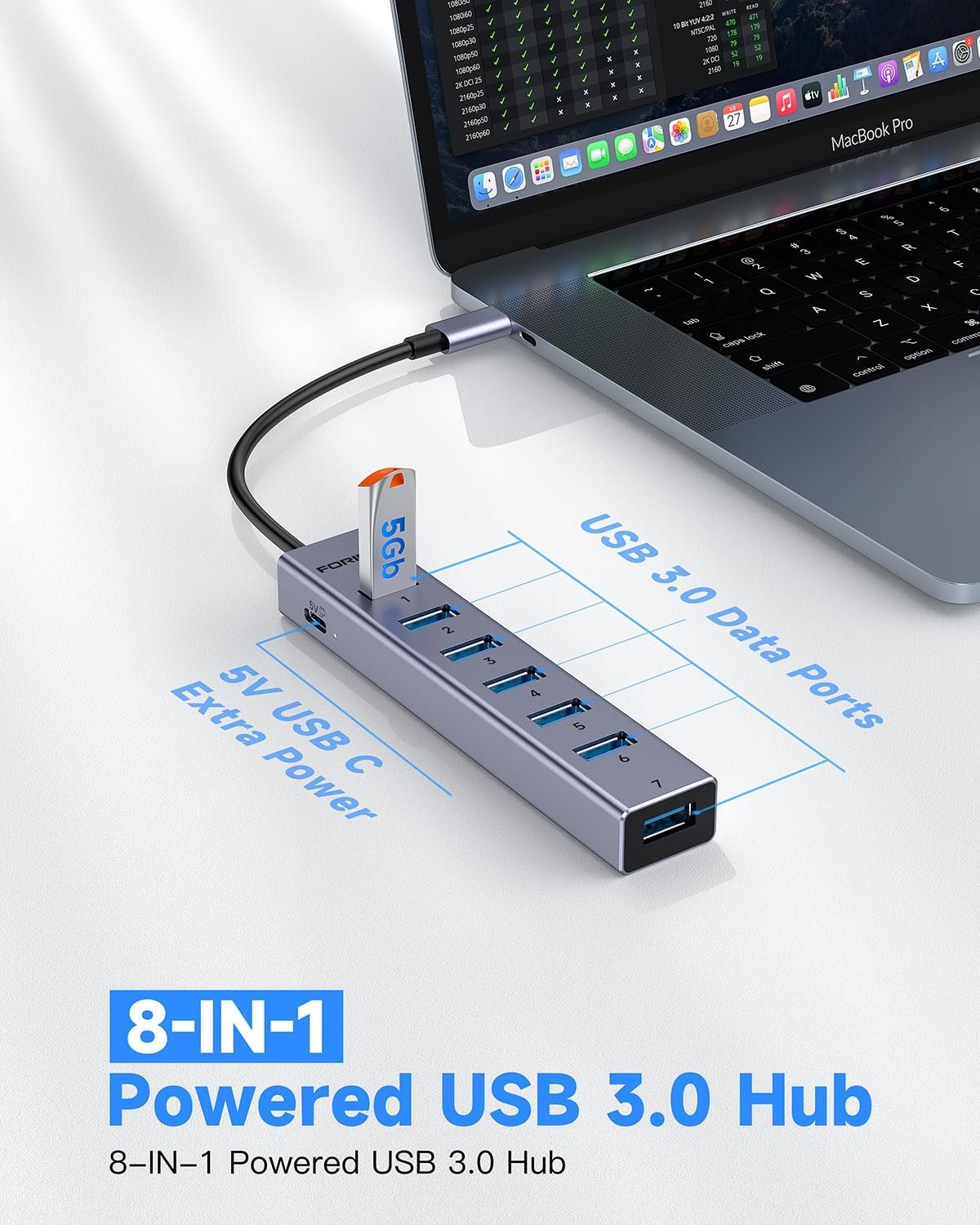 FORIDA USB C Hub-8 Port USB HUB with 7 USB3.0 Data Ports,Aluminum Alloy USBC Splitter with Type C 5V/3A Power Port Compatible with MacBook, iPad, Surface Pro, XPS, Laptop,PC (Gray,USB C-9.8in) - Image 3