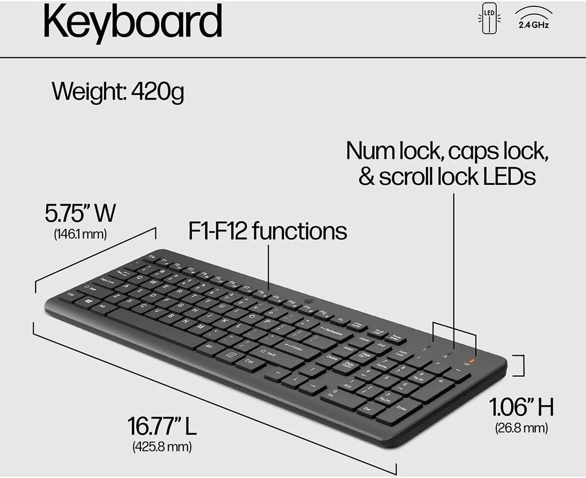 HP 330 Wireless Keyboard and Mouse Combo - 2.4 Ghz Wireless USB Receiver - Chiclet Keys, 12 Keyboard Shortcuts - 1600 DPI Multi-Surface Mouse - LED Num Lock, Caps Lock, Scroll Lock (2V9E6AA) - Image 6