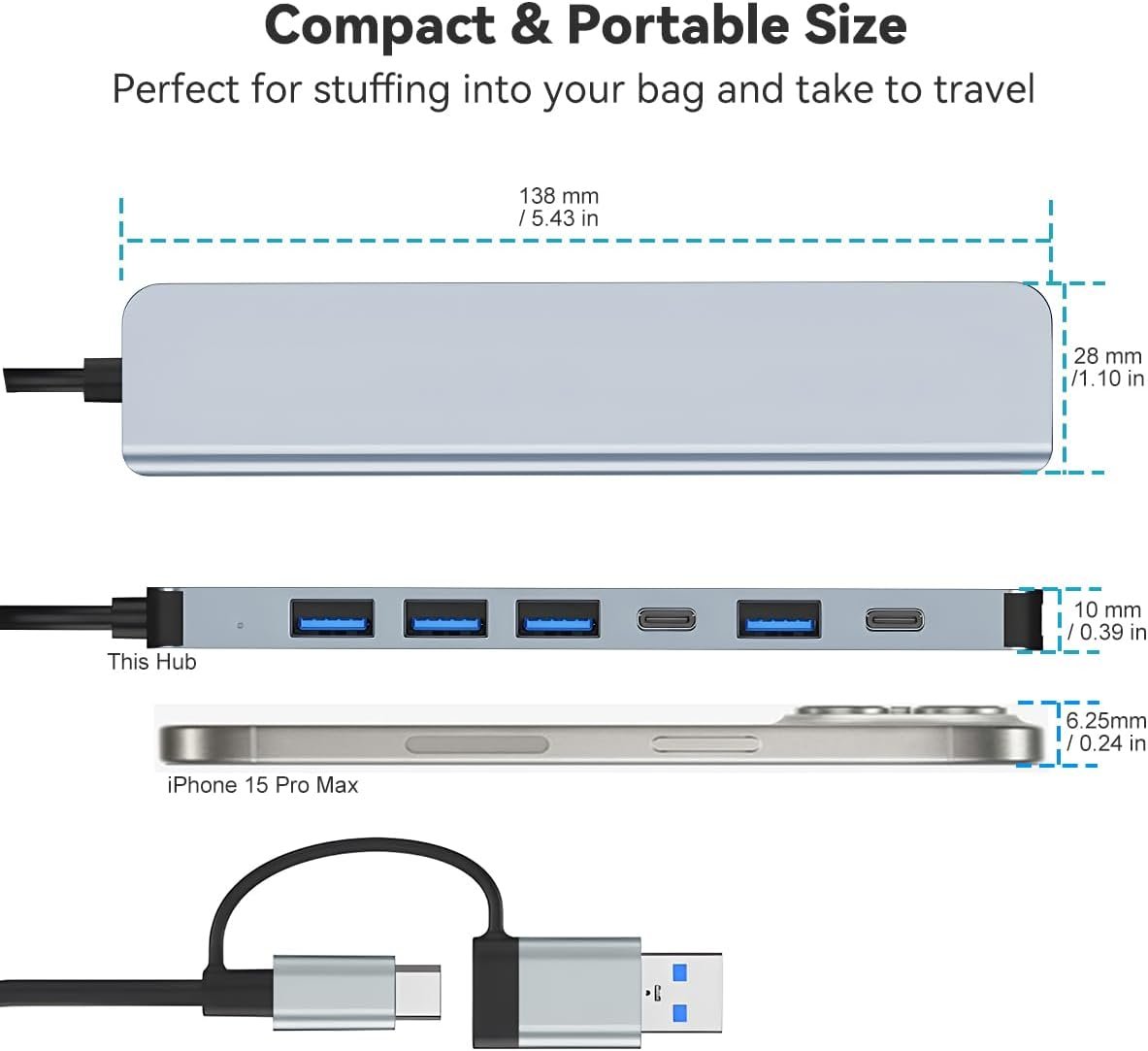 USB C Hub USB Hub Aluminum 7 in 1 USBC Dock with USB3.0 & USB2.0 Ports Extender Multiport Adapter for PC/Laptops/MacBook Pro/Air/iMac/iPad and More Devices - Image 8