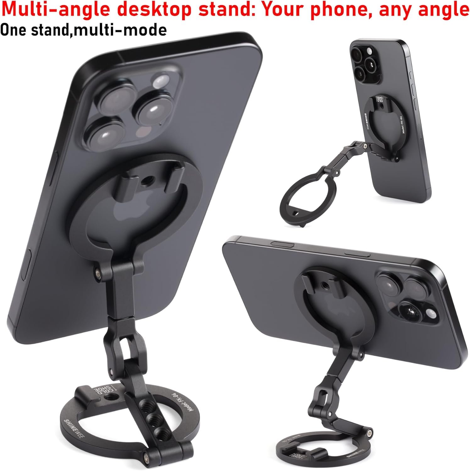 Dual Magnetic Ring Phone Mount - Foldable 360° Rotation CNC Aluminum Stand,1/4" Screw,Cold Shoe Interface, Hands-Free Holder for Live Streaming, Selfies & Multi-Device Use - Image 5