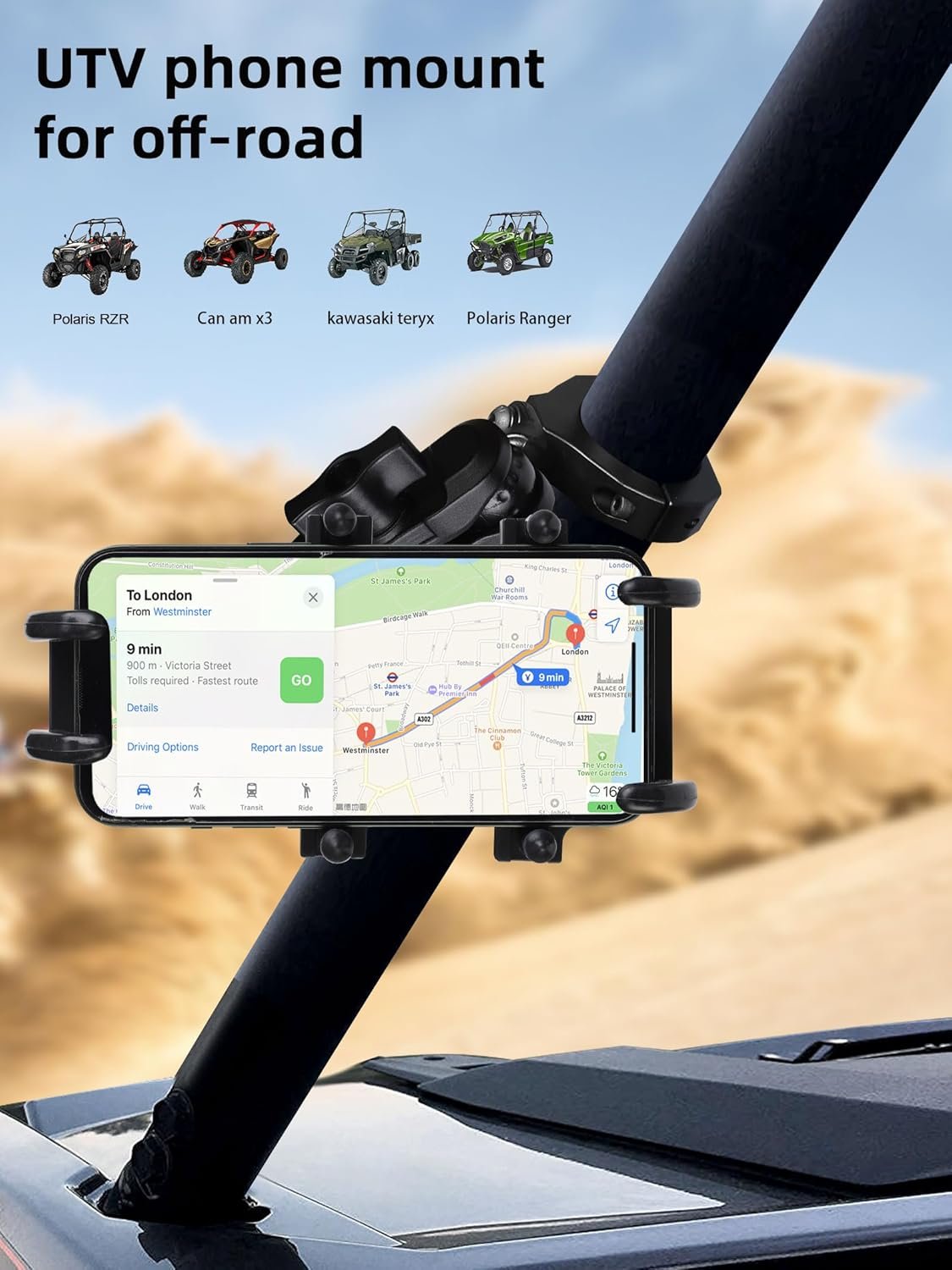 Anti-Vibration UTV Phone Mount Heavy Duty, Full Protection SXS Phone Holder with Aluminum Bracket Fit for 1.75-2" Roll Cage, Adjustable UTV Cell Phone Holder Holds 4.7-7.1" Phones - Image 3