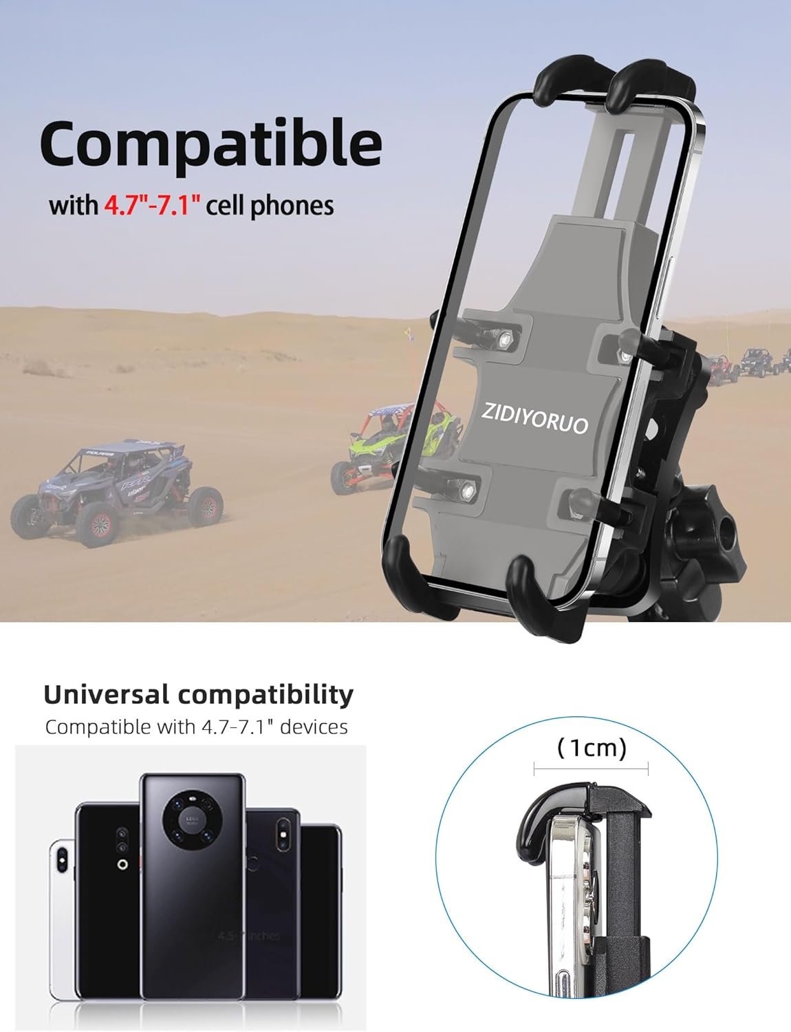 Anti-Vibration UTV Phone Mount Heavy Duty, Full Protection SXS Phone Holder with Aluminum Bracket Fit for 1.75-2" Roll Cage, Adjustable UTV Cell Phone Holder Holds 4.7-7.1" Phones - Image 6