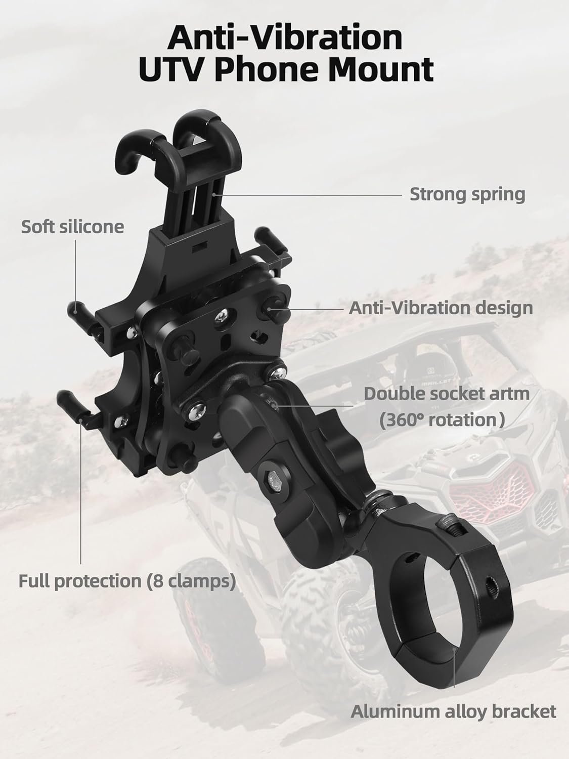 Anti-Vibration UTV Phone Mount Heavy Duty, Full Protection SXS Phone Holder with Aluminum Bracket Fit for 1.75-2" Roll Cage, Adjustable UTV Cell Phone Holder Holds 4.7-7.1" Phones - Image 8