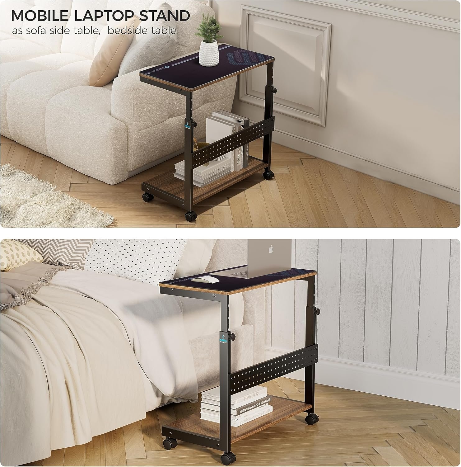 EUREKA ERGONOMIC PC Stand Computer Cart, Height Adjustable Tower Stand 2-Tier Suit for ATX Case Printer, Metal Rolling Cart on Wheels for Gaming Home Office, Walnut - Image 9