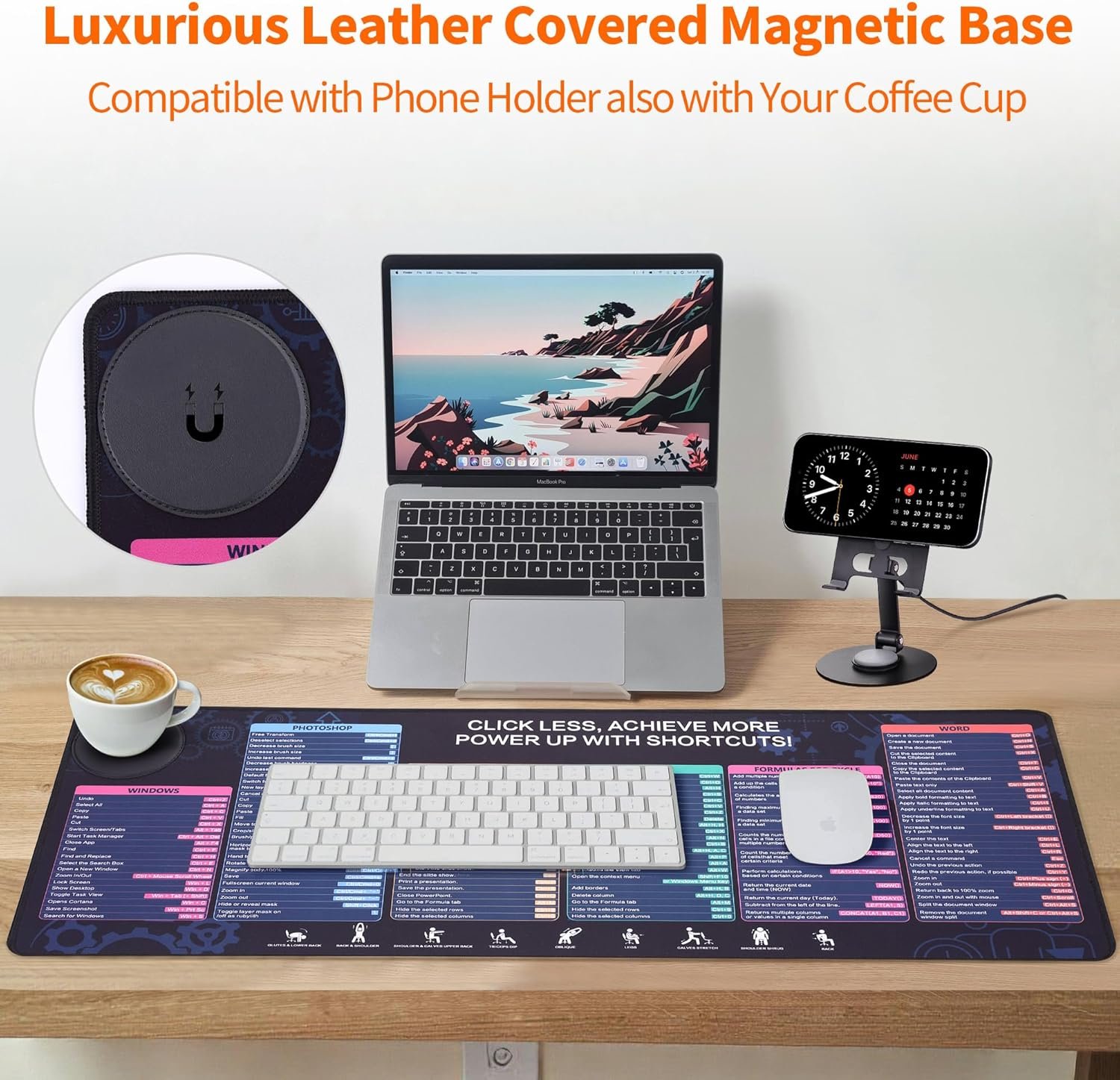 Magnetic Wireless Charging,Excel Cheat Sheet Mouse Pad with Phone Stand Extended Excel Shortcuts Desk Pad, Waterproof Ultra-Smooth Keyboard Mat, Non-Slip Base (Not Included Adapter 9V 2A) - Image 4