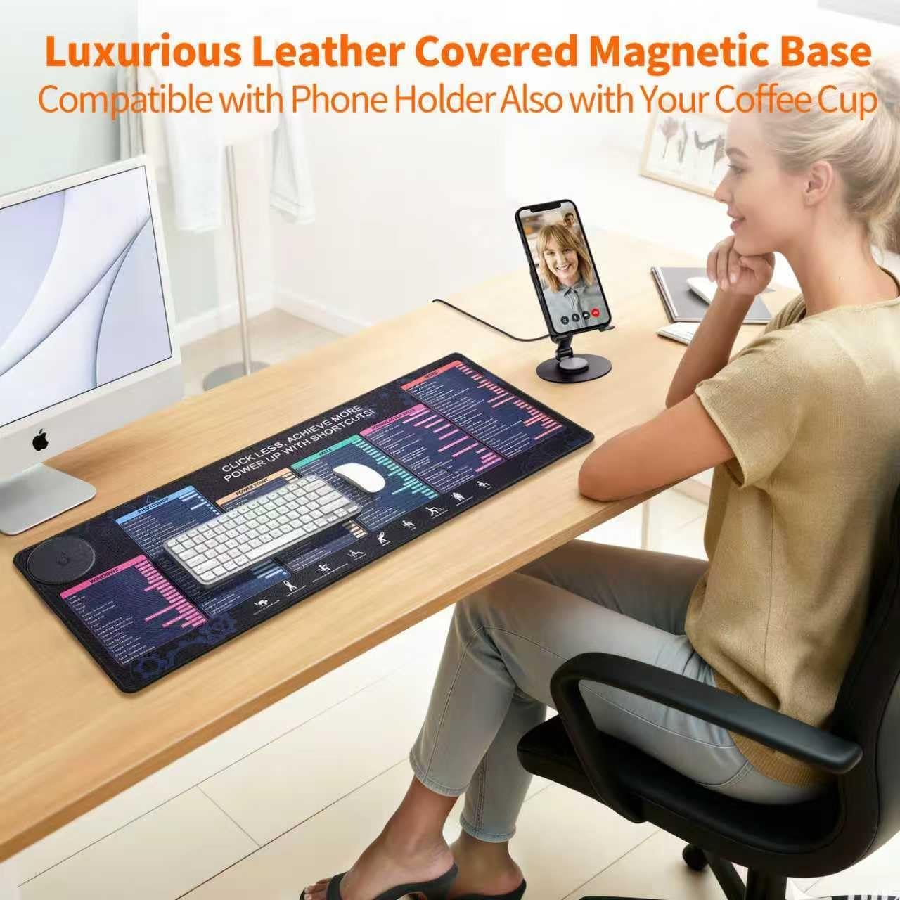 Magnetic Wireless Charging,Excel Cheat Sheet Mouse Pad with Phone Stand Extended Excel Shortcuts Desk Pad, Waterproof Ultra-Smooth Keyboard Mat, Non-Slip Base (Not Included Adapter 9V 2A) - Image 6