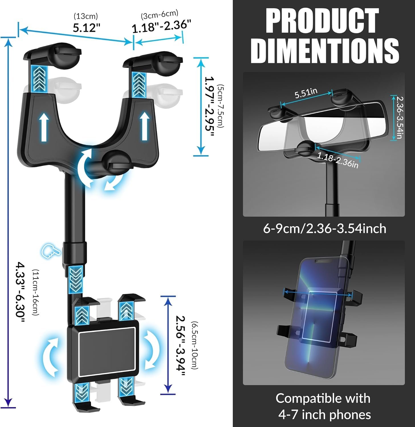 SXhyf Rear View Mirror Phone Holder, 2023 Rotatable and Retractable, Universal Mount, Cell Car Fit for iPhone 11 12 13 14 Pro Max Samsung All Phone - Image 9