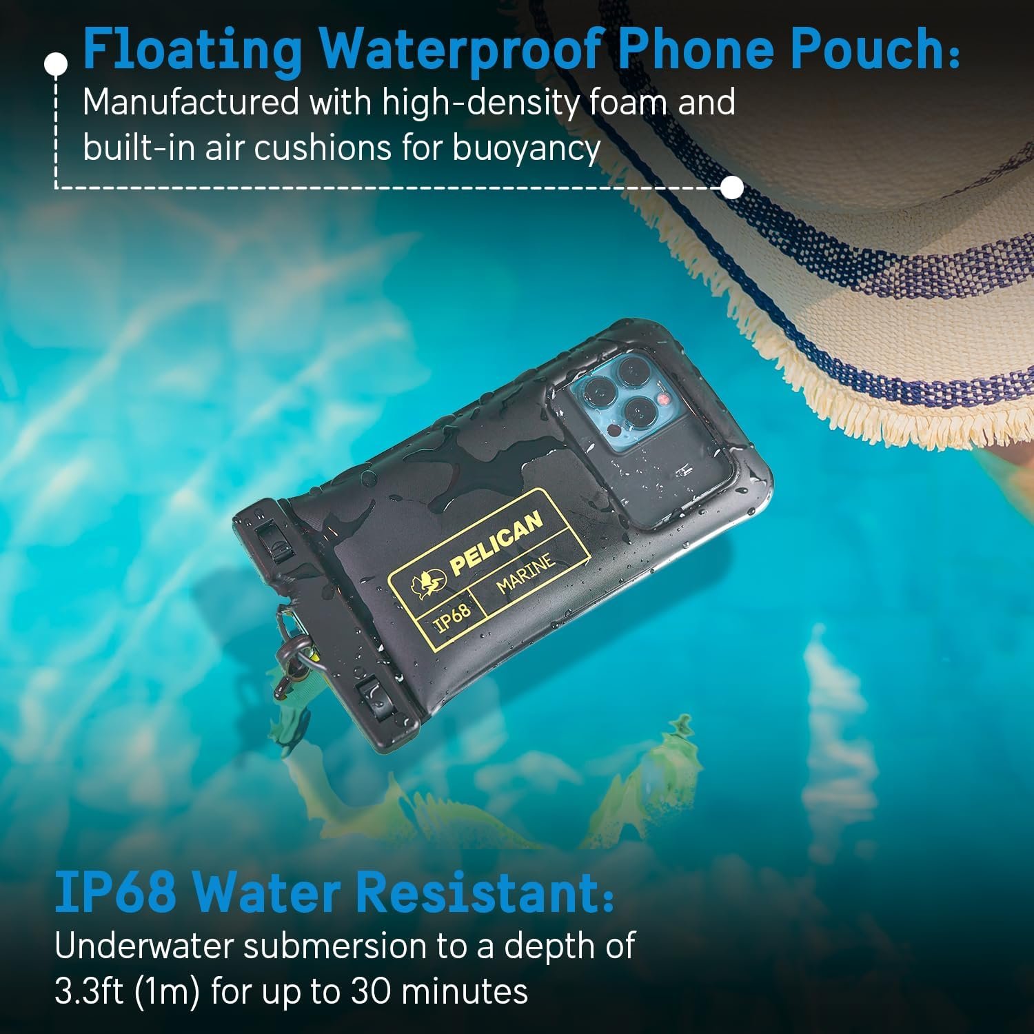 Pelican 2 Pack Marine - IP68 Waterproof Phone Pouch (Regular Size) Floating Waterproof Phone Case - Beach Cruise Ship Travel Essentials - Works w/All Phones - Detachable Lanyard - Black/Hi-Vis Yellow - Image 3