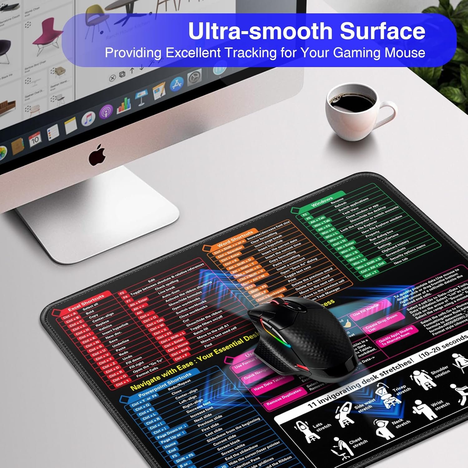 Excel/Word/PowerPoint/Windows Shortcuts Mouse Pad – 11.8"x9.8" Small Excel Cheat Sheet Desk Pad – 3mm Portable Office Spreadsheet Keyboard Computer Mat – Stitched Edges Anti-Slip - Image 8