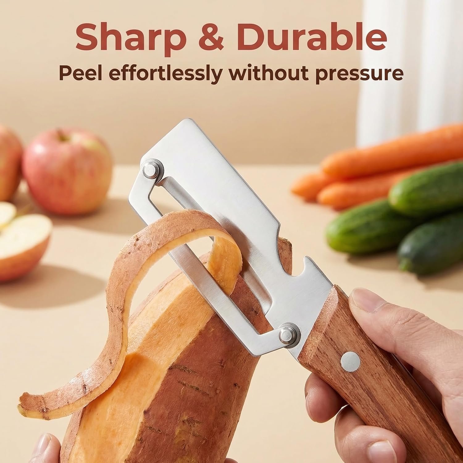 Multi-Functional Vegetable Peeler for Kitchen, New Ultra-Sharp Stainless Steel Blade with Wooden Handle and Bottle Opener, For Fruits and vegetables (1 Pcs) - Image 5