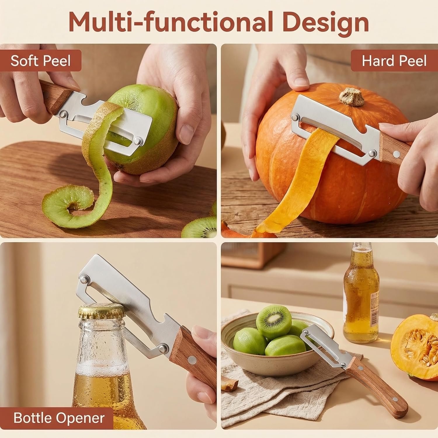 Multi-Functional Vegetable Peeler for Kitchen, New Ultra-Sharp Stainless Steel Blade with Wooden Handle and Bottle Opener, For Fruits and vegetables (3 Pcs) - Image 6