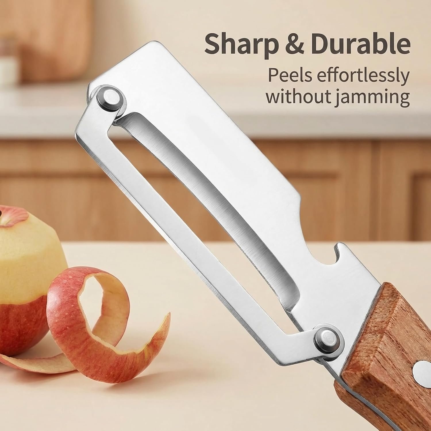 Multi-Functional Vegetable Peeler for Kitchen, New Ultra-Sharp Stainless Steel Blade with Wooden Handle and Bottle Opener, For Fruits and vegetables (3 Pcs) - Image 8