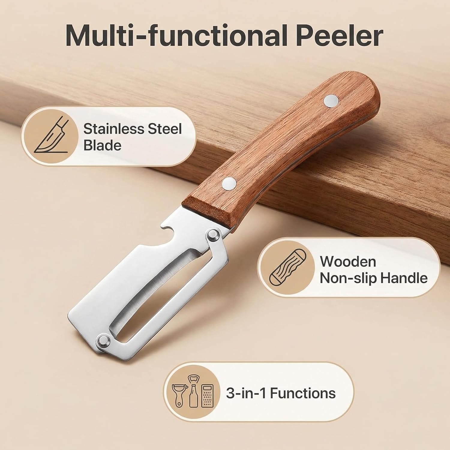 Multi-Functional Vegetable Peeler for Kitchen, New Ultra-Sharp Stainless Steel Blade with Wooden Handle and Bottle Opener, For Fruits and vegetables (3 Pcs) - Image 9