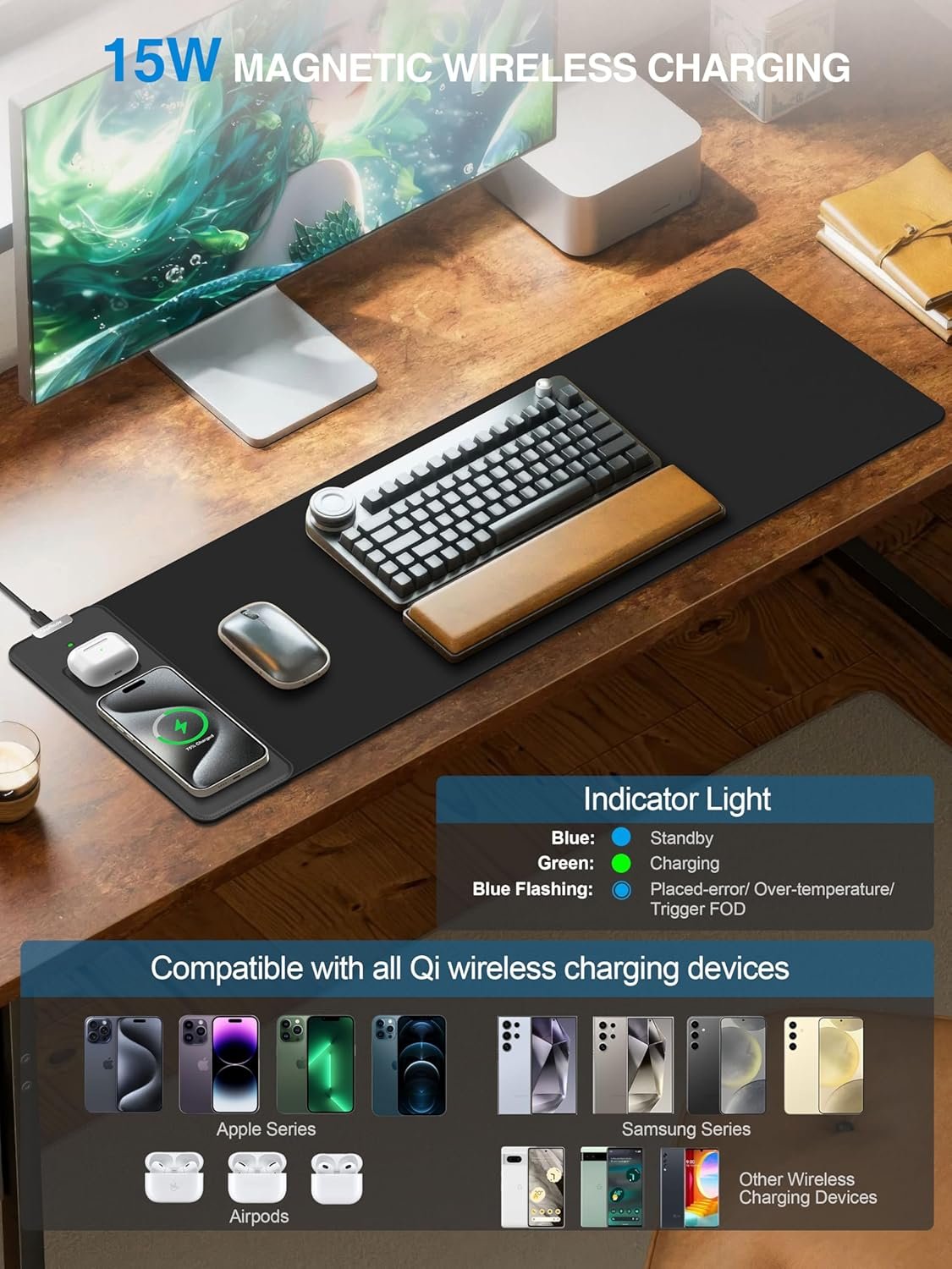 TopMade Mouse Pad with 15W Fast Wireless Charging, 31.5"x11.81" XL Large Gaming Mousepad, Waterproof Desk Pad, Classic Black Computer Desk Mat(Includes 20W PD Power Adapter & 6.56ft Woven Cable) - Image 3