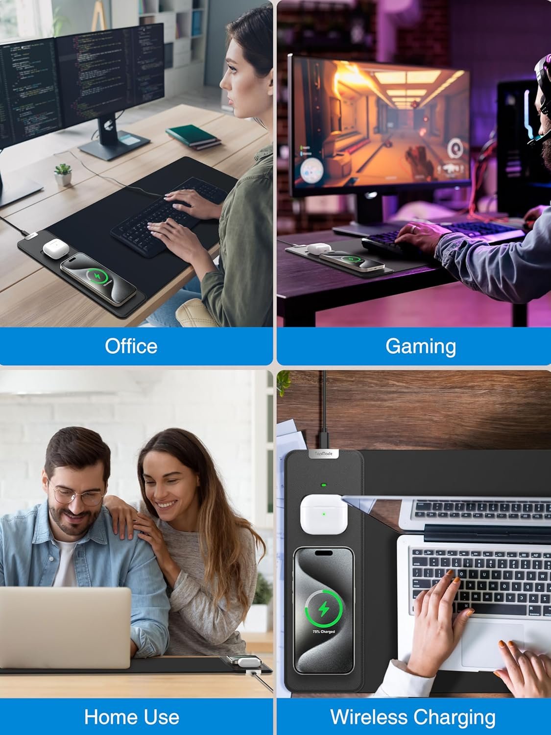 TopMade Mouse Pad with 15W Fast Wireless Charging, 31.5"x11.81" XL Large Gaming Mousepad, Waterproof Desk Pad, Classic Black Computer Desk Mat(Includes 20W PD Power Adapter & 6.56ft Woven Cable) - Image 9