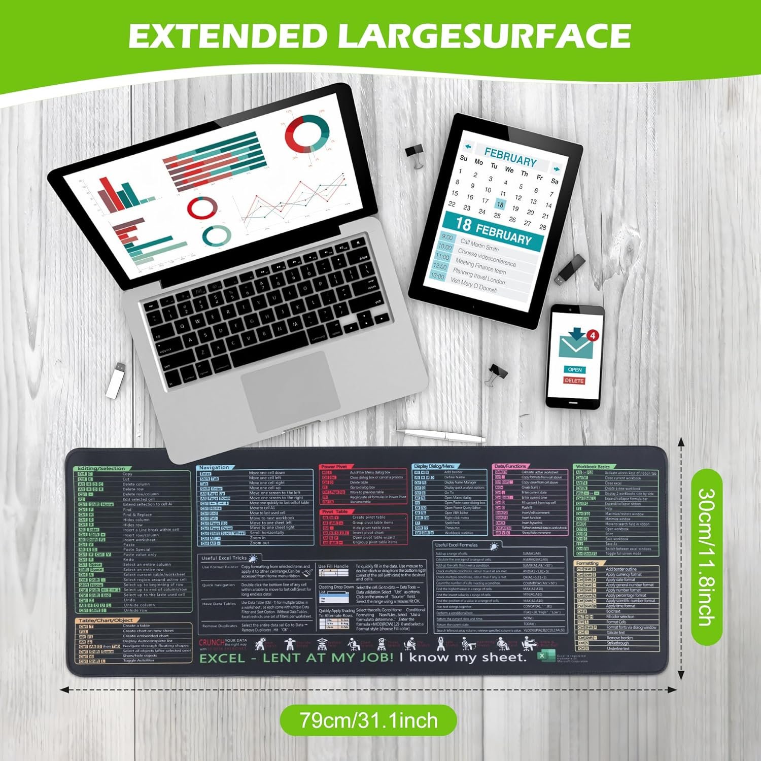 Excel/Word/Power Point/Windows Mouse Pad Set,Non-Slip&Waterproof,Extended Large XL Cheat Sheet Gaming Mousepads for Desk,Stitched Edge Rubber Sole for Home Office(31.5"X 11.8") - Image 4