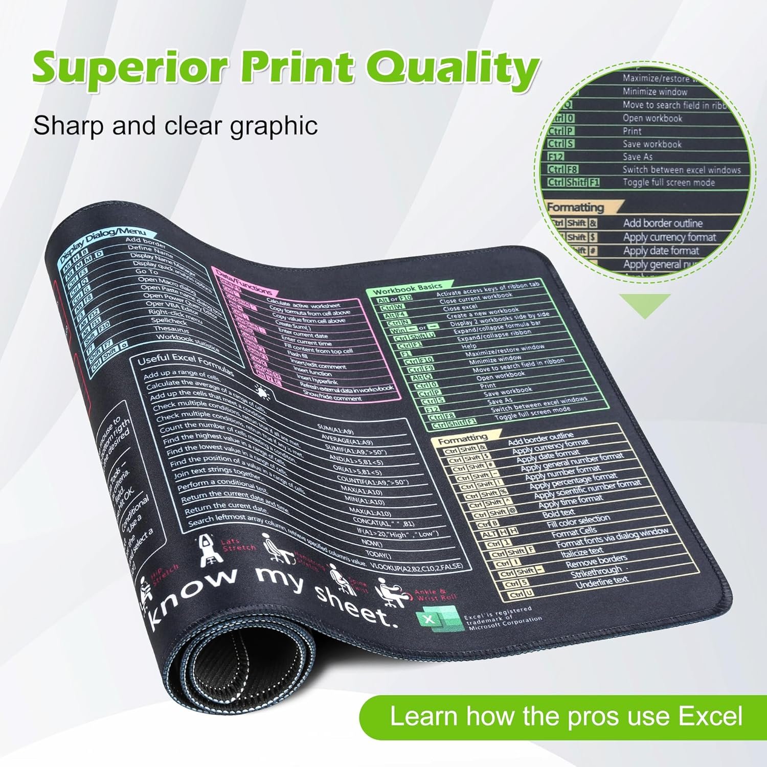 Excel/Word/Power Point/Windows Mouse Pad Set,Non-Slip&Waterproof,Extended Large XL Cheat Sheet Gaming Mousepads for Desk,Stitched Edge Rubber Sole for Home Office(31.5"X 11.8") - Image 5