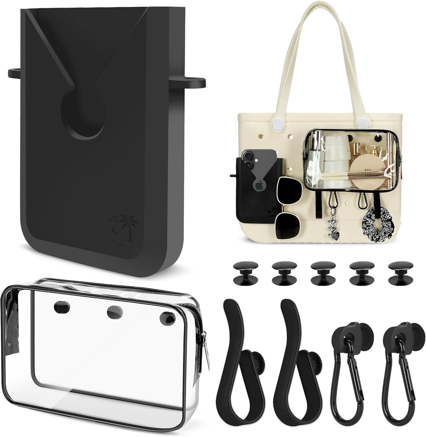 6PCS Compatible with Original Medium and Large Bogg Bag,Phone Holder for Inside and Outside of Bogg Bag Accessories,PVC Insert Bags,Hooks,and Keychain(Black) - Image 2