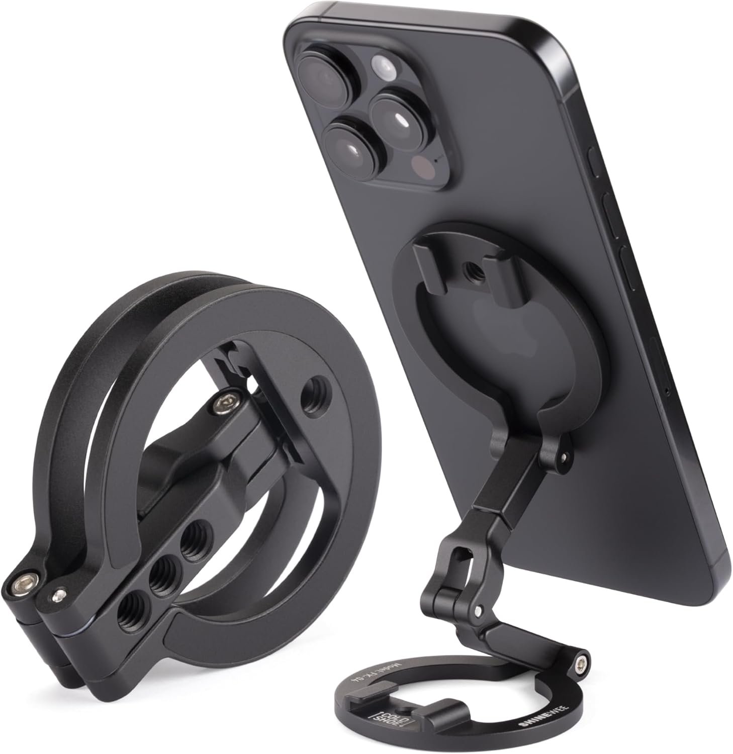 Dual Magnetic Ring Phone Mount - Foldable 360° Rotation CNC Aluminum Stand,1/4" Screw,Cold Shoe Interface, Hands-Free Holder for Live Streaming, Selfies & Multi-Device Use - Image 2