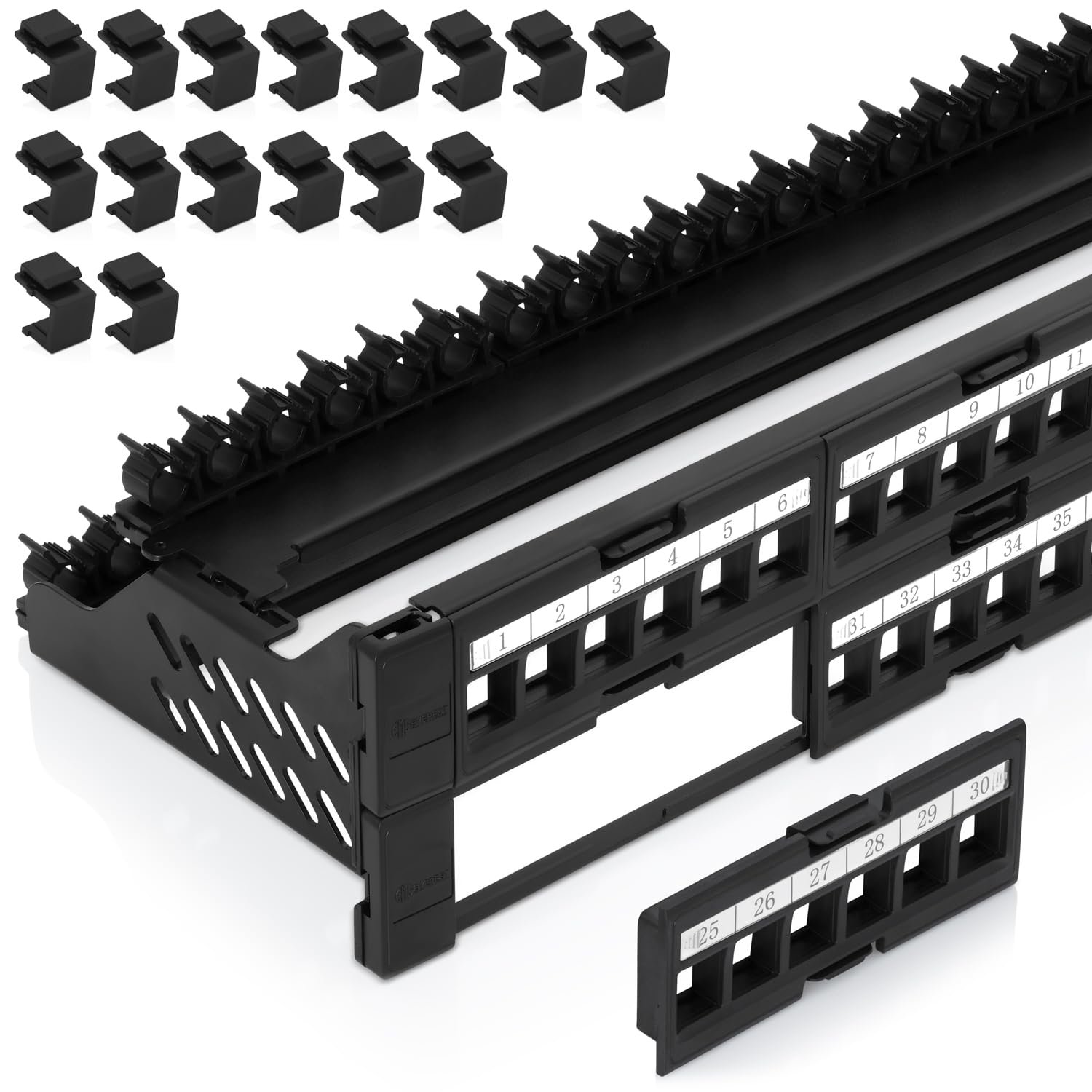 Everest 48 Port Keystone Patch Panel (1-Pack) - Removable 6-Port Panels - Use with Slim Profile Keystones ONLY (Wider Jacks May not fit Side by Side) - 16 Blank Keystone Jack Inserts Included - Image 2