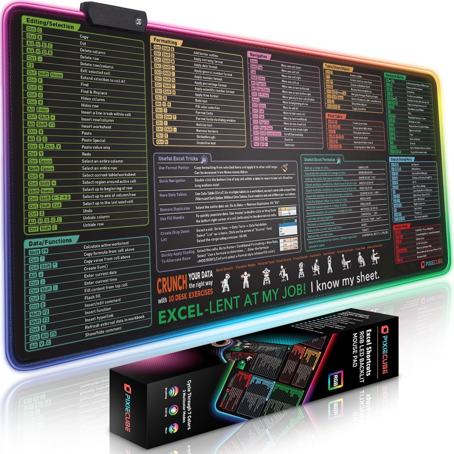 Excel Shortcut Keys LED Mouse Pad - Colorful RGB Luminous Extended Large Cheat Sheet Gaming Mousepad| PC Office Spreadsheet Keyboard Mat| Non-Slip Stitched Edge - Image 2
