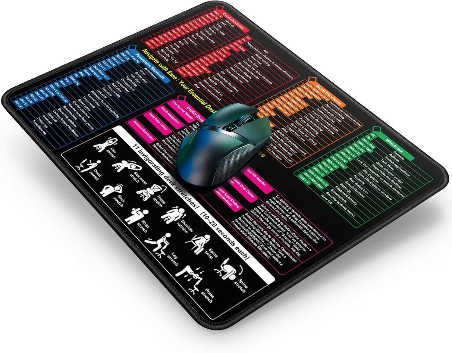 Excel/Word/PowerPoint/Windows Shortcuts Mouse Pad – 11.8"x9.8" Small Excel Cheat Sheet Desk Pad – 3mm Portable Office Spreadsheet Keyboard Computer Mat – Stitched Edges Anti-Slip - Image 2
